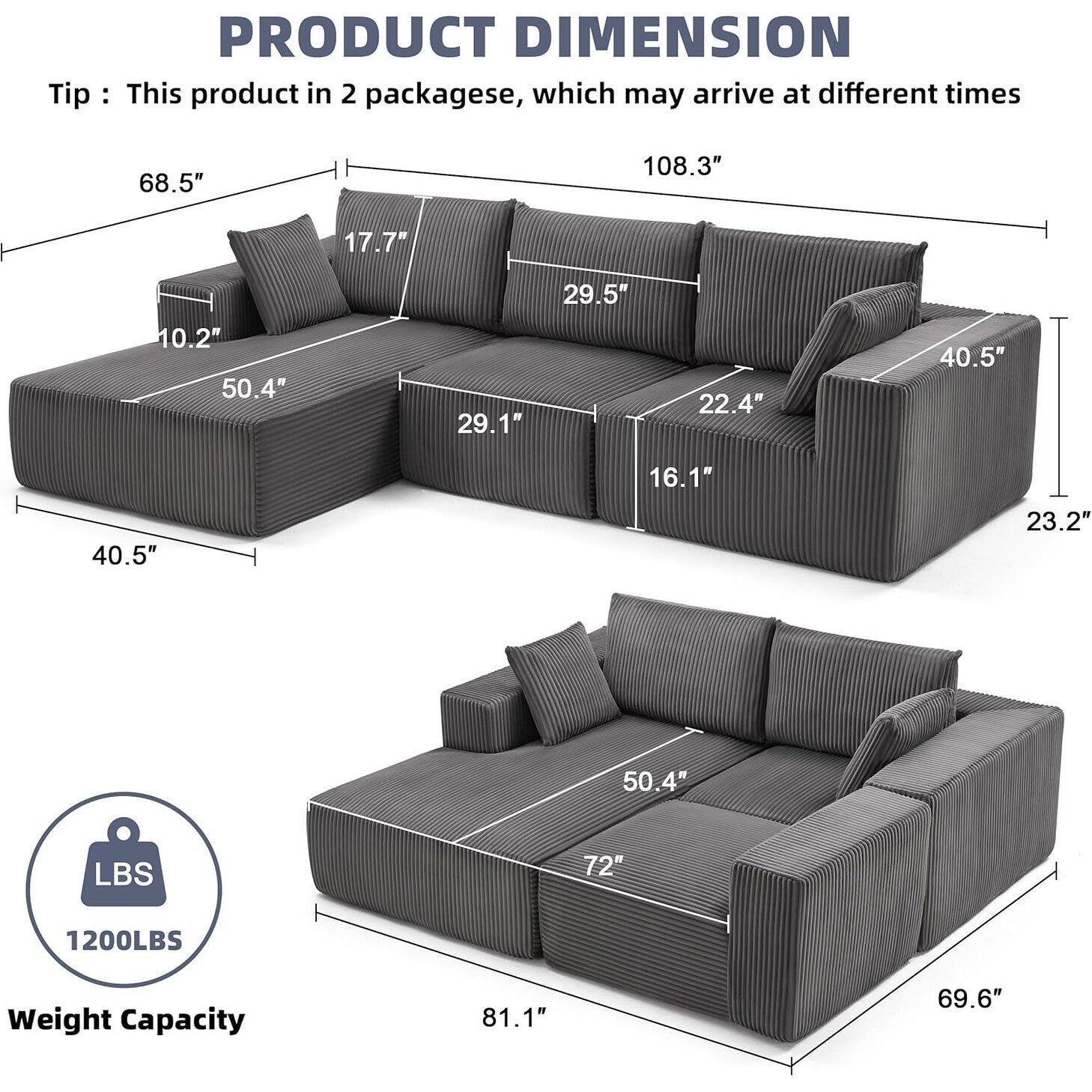 108 Modular Cloud Sectional Sofa - Deep Seat L-Shape Couch with Chaise, Upholstered Living Room & Bedroom Sofa