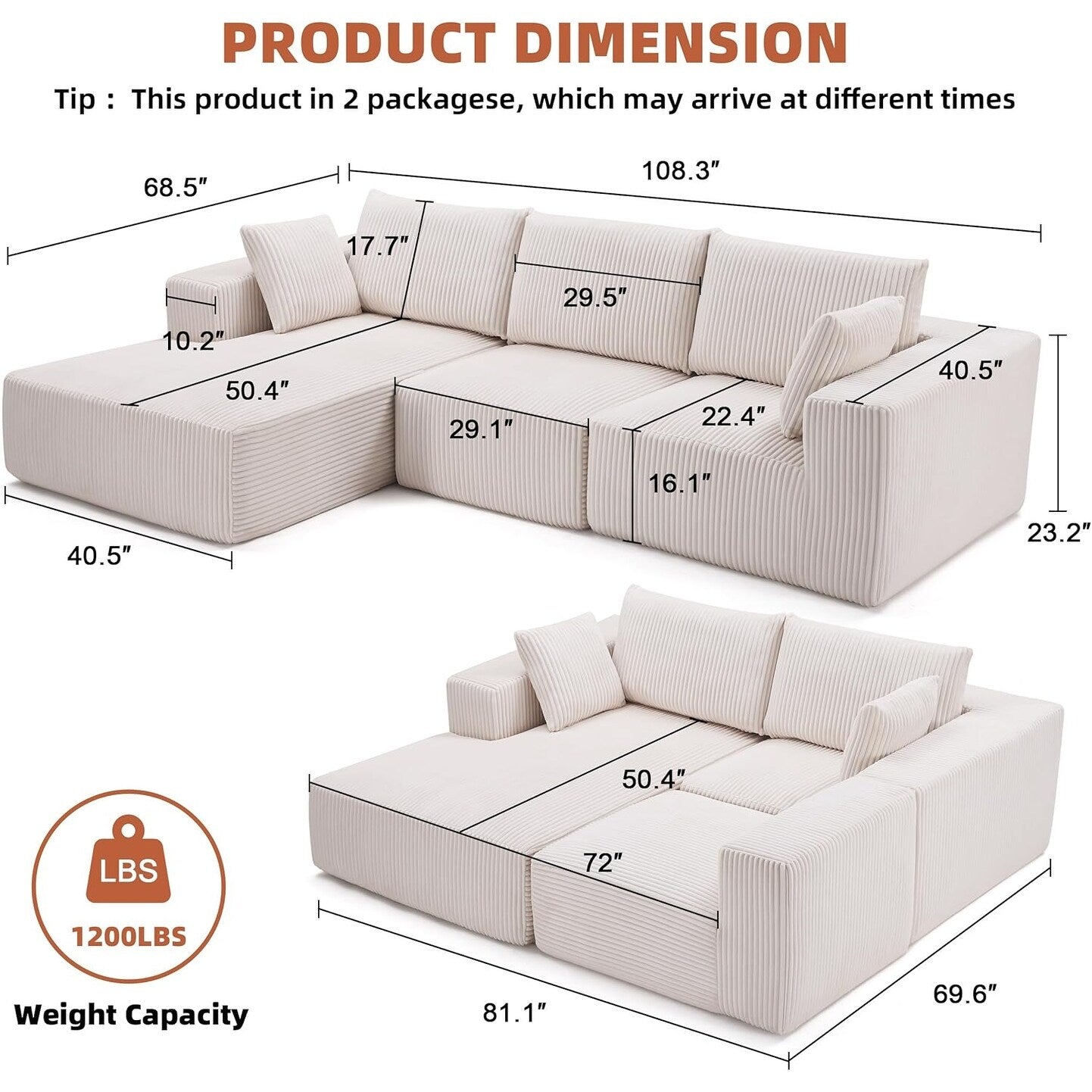 108 Modular Cloud Sectional Sofa - Deep Seat L-Shape Couch with Chaise, Upholstered Living Room & Bedroom Sofa