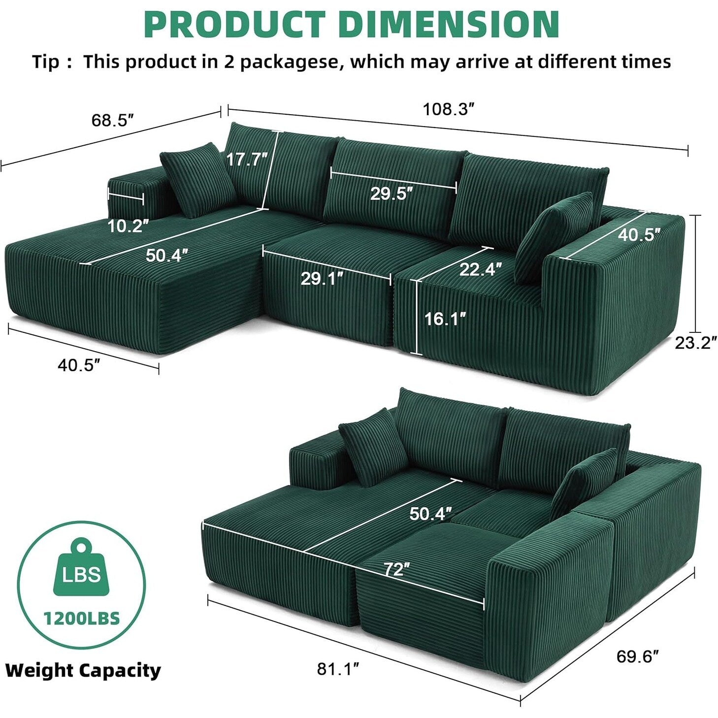 108 Modular Cloud Sectional Sofa - Deep Seat L-Shape Couch with Chaise, Upholstered Living Room & Bedroom Sofa