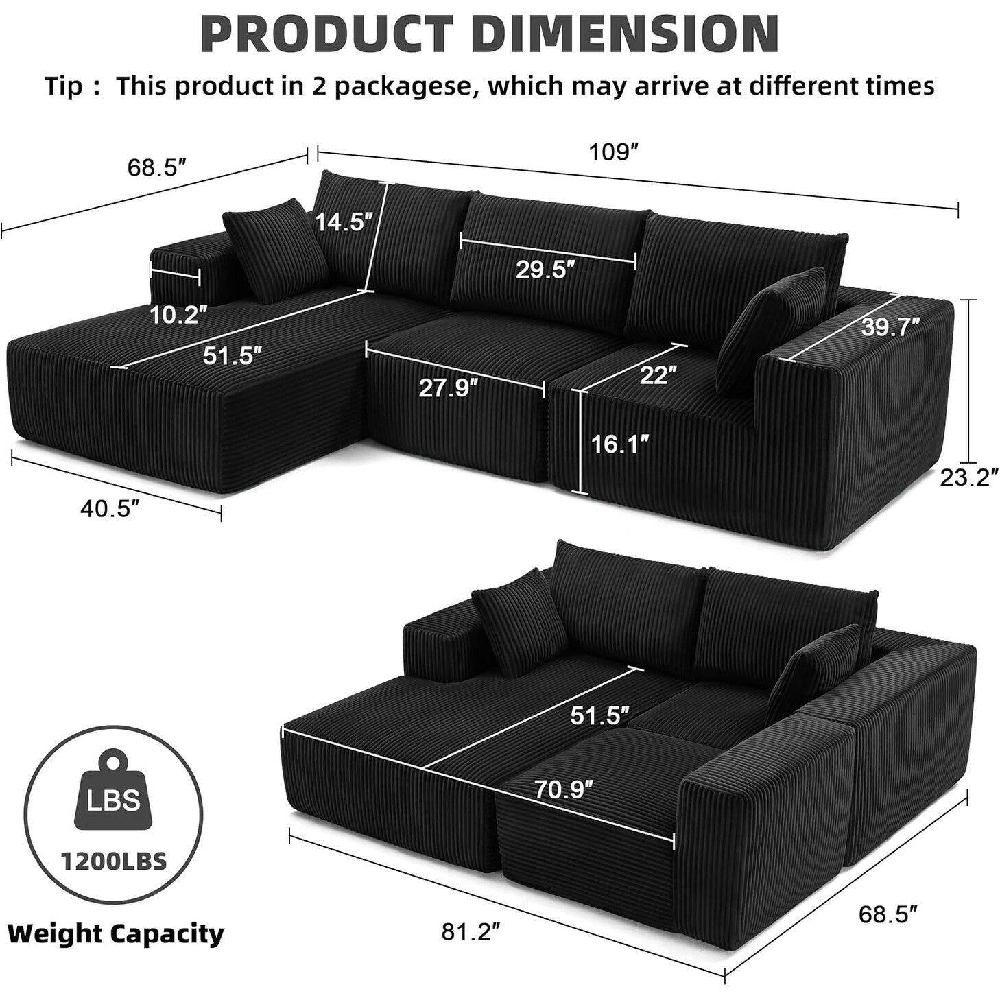108 Modular Cloud Sectional Sofa - Deep Seat L-Shape Couch with Chaise, Upholstered Living Room & Bedroom Sofa