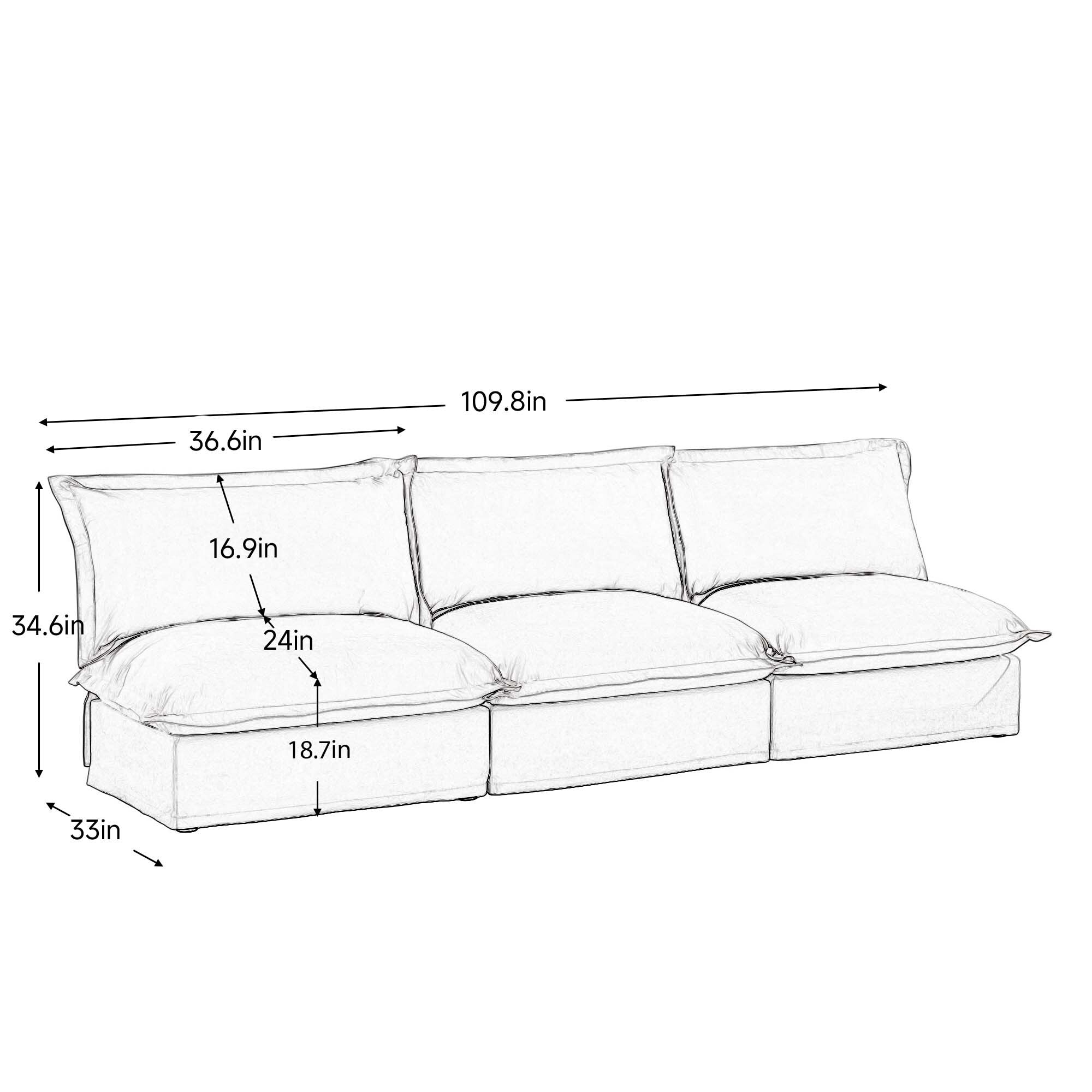 109.8 Chenille Armless 3-Seater Sofa for living room and bedroom