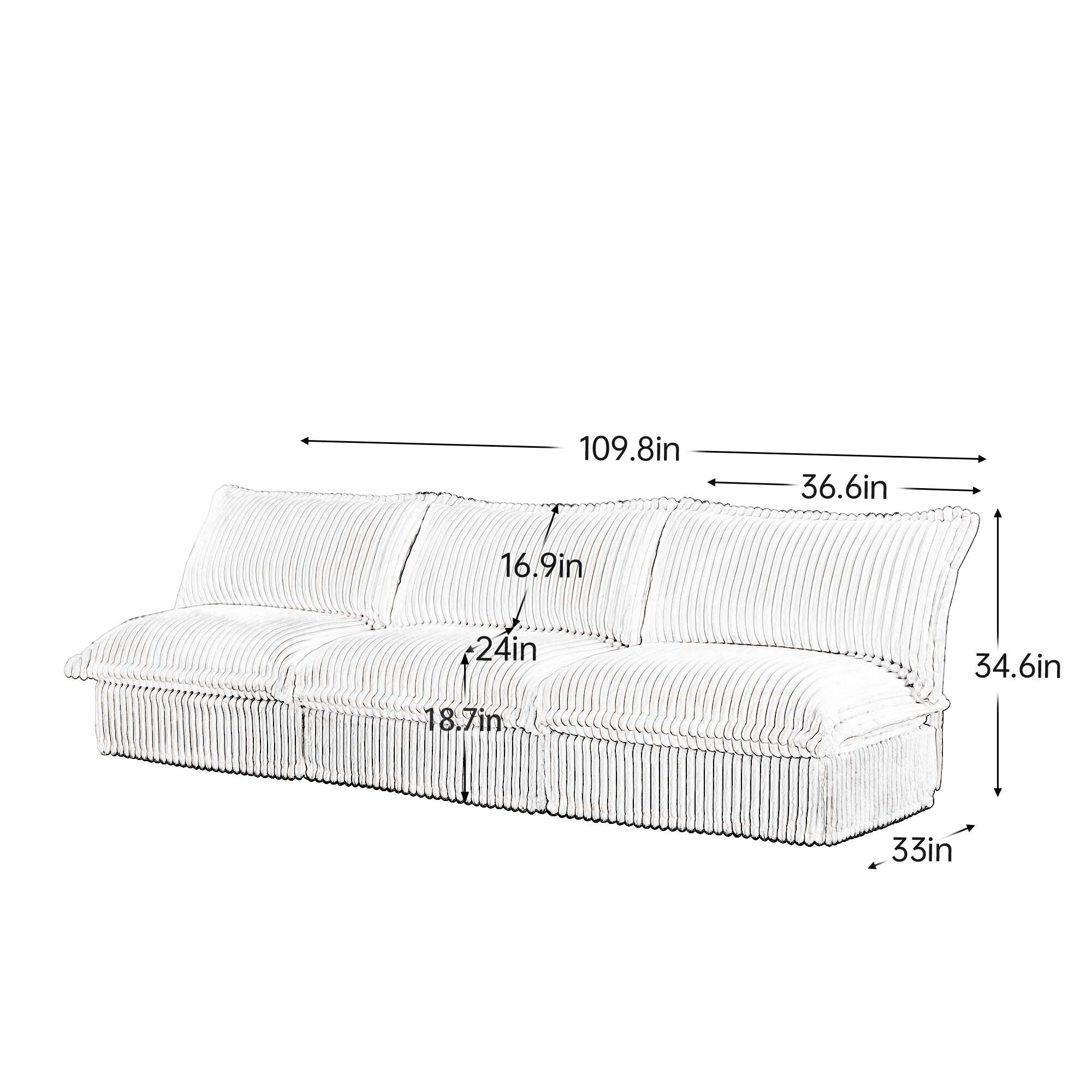 109.8 Corduroy Armless 3-Seater Sofa for living room and bedroom
