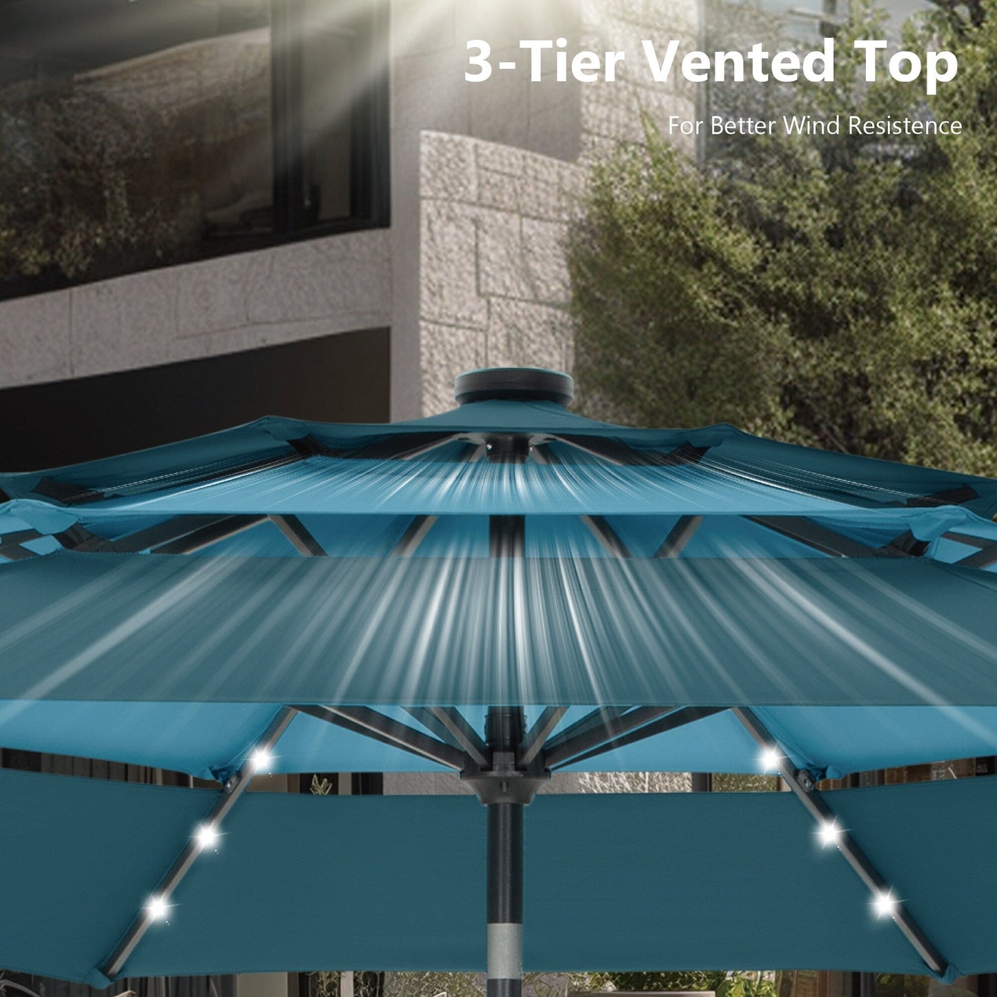 MAISON ARTS 10ft 3 Tier Auto-tilt Patio Umbrella Outdoor Double Vented Umbrella with LED Lights