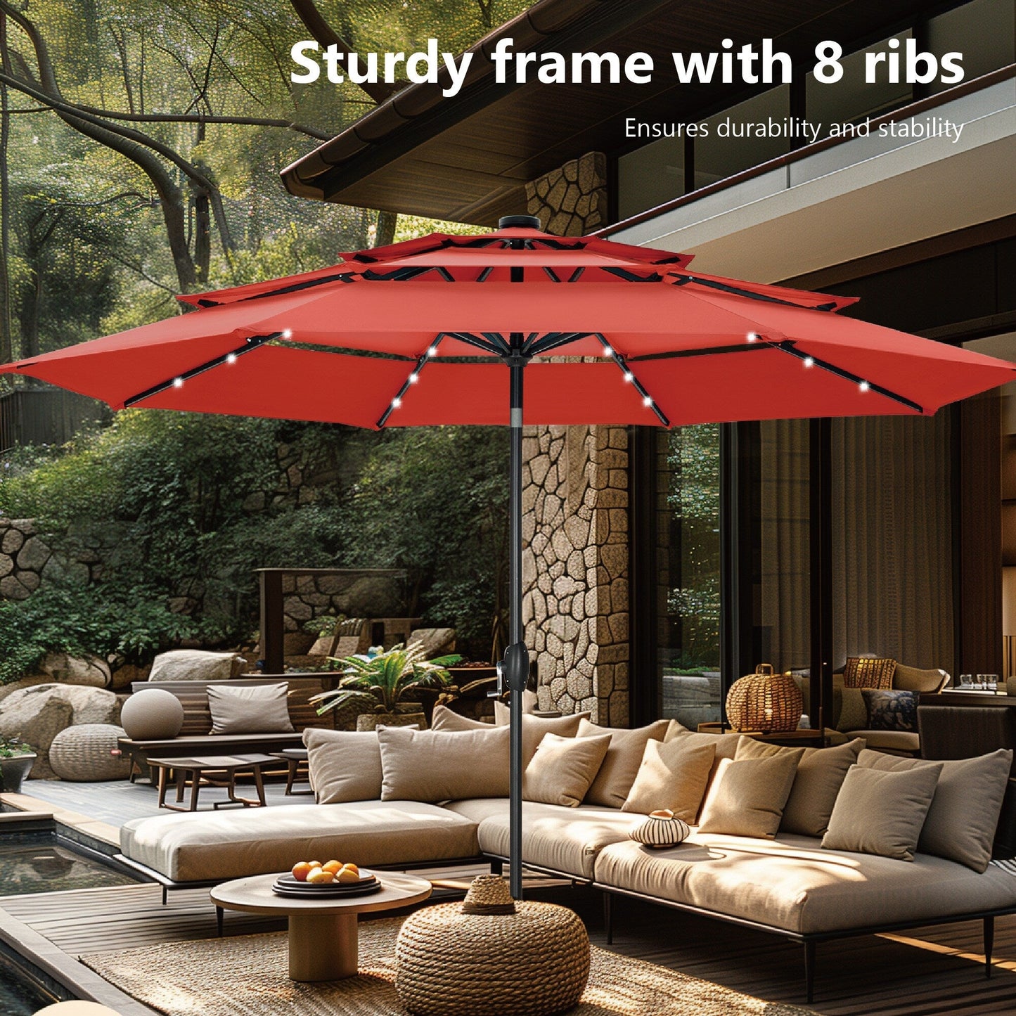 MAISON ARTS 10ft 3 Tier Auto-tilt Patio Umbrella Outdoor Double Vented Umbrella with LED Lights