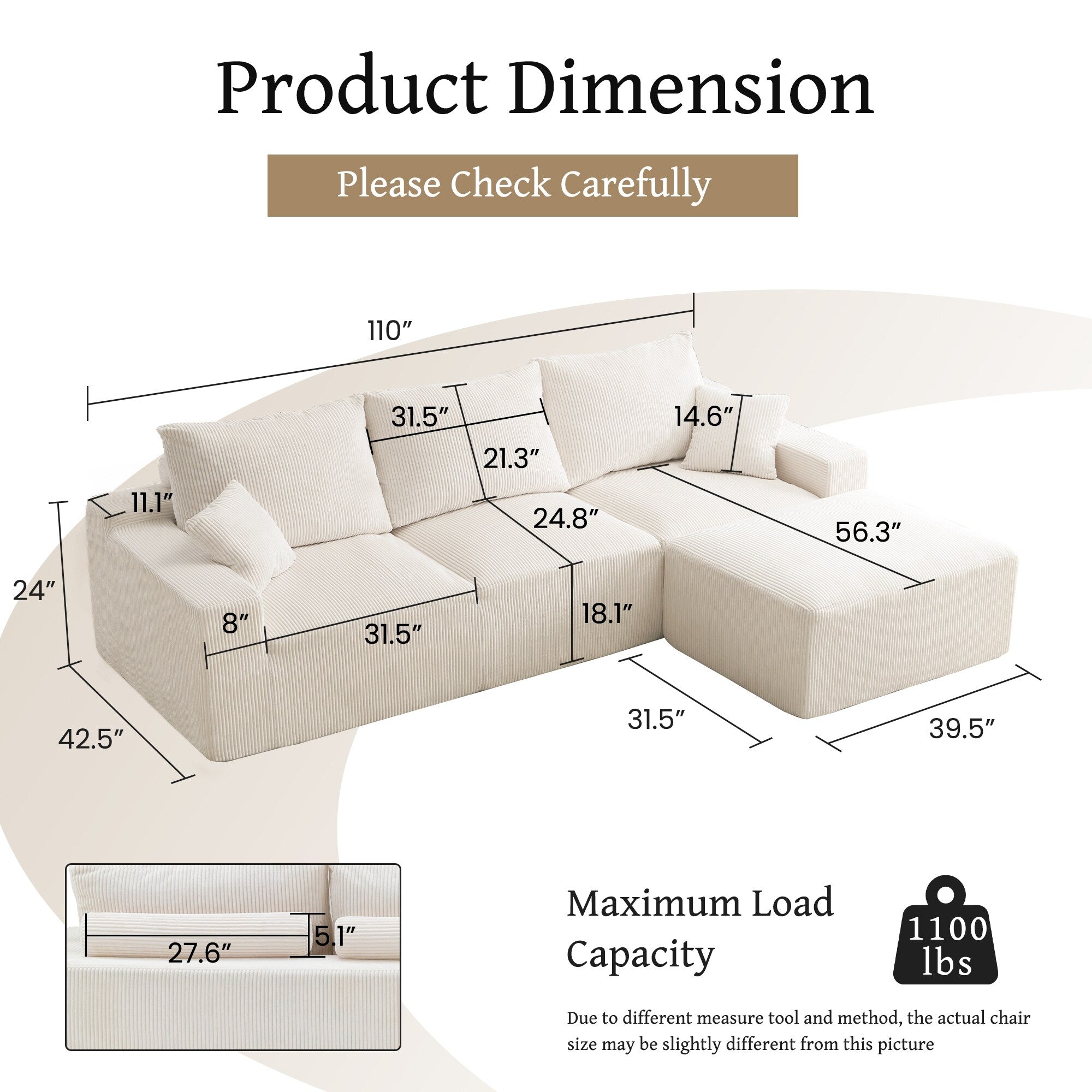 110 L-Shaped Sectional Sofa, Full-Compression 3-Seater Cloud Couch with Chaise