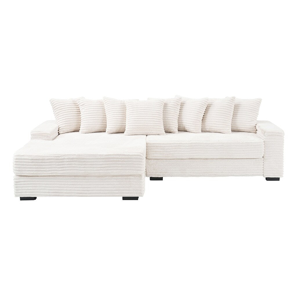 111.4  L-Shaped Corduroy Sofa with 8 Throw Pillows and Footstool