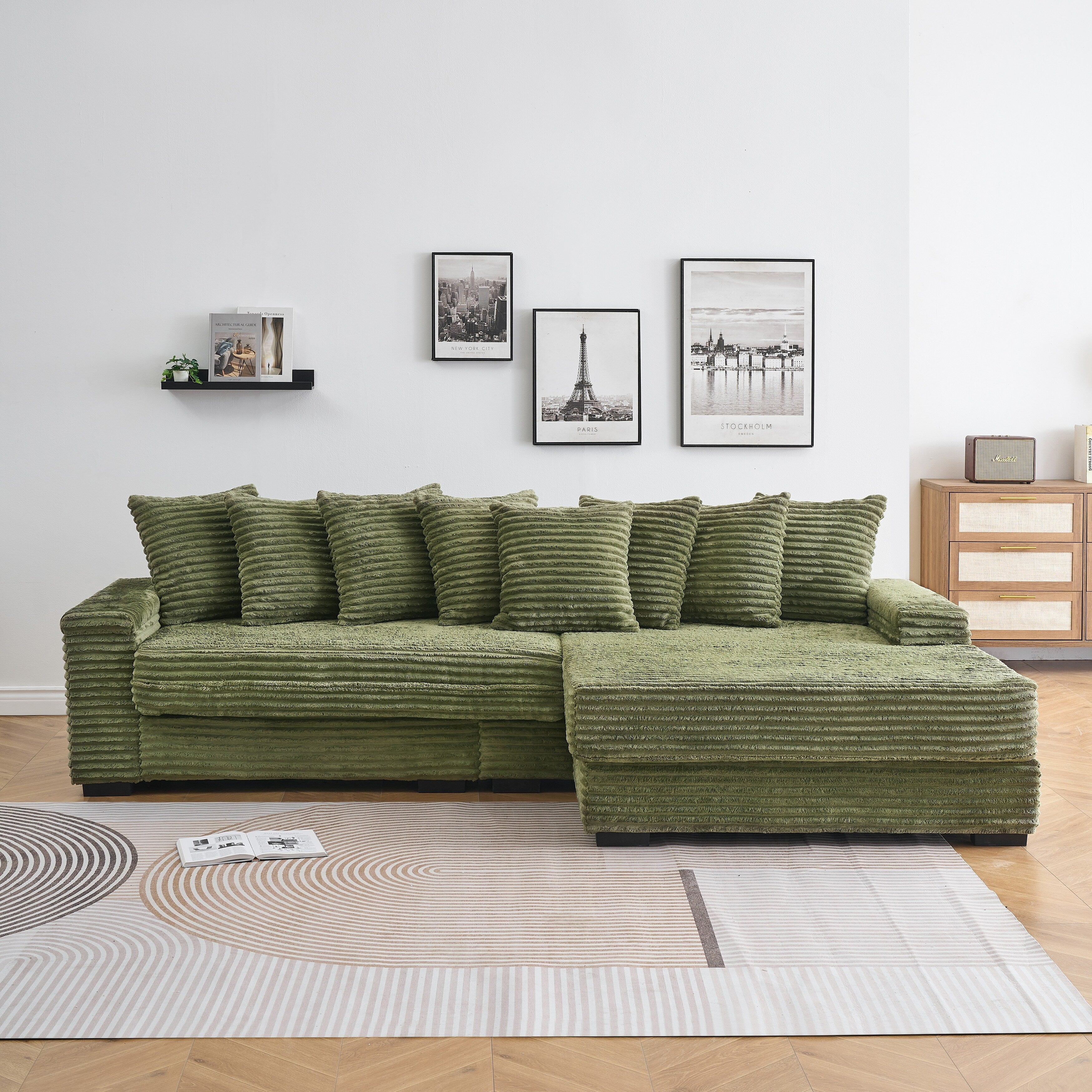 111.4  L-Shaped Corduroy Sofa with 8 Throw Pillows and Footstool
