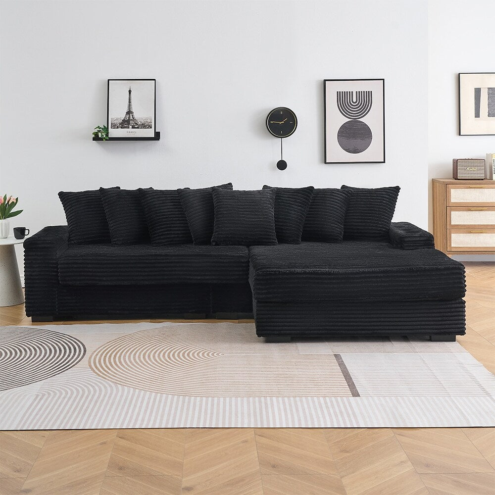 111.4  L-Shaped Corduroy Sofa with 8 Throw Pillows and Footstool