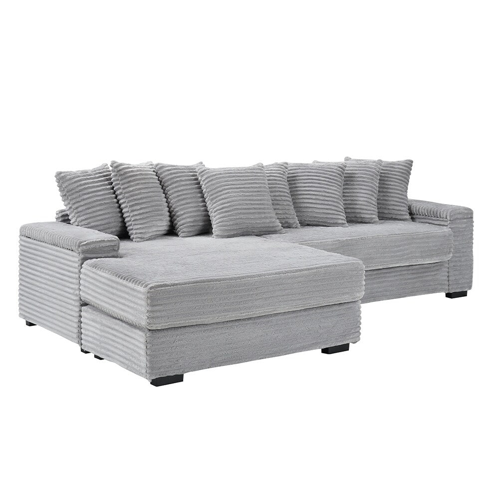 111.4  L-Shaped Corduroy Sofa with 8 Throw Pillows and Footstool