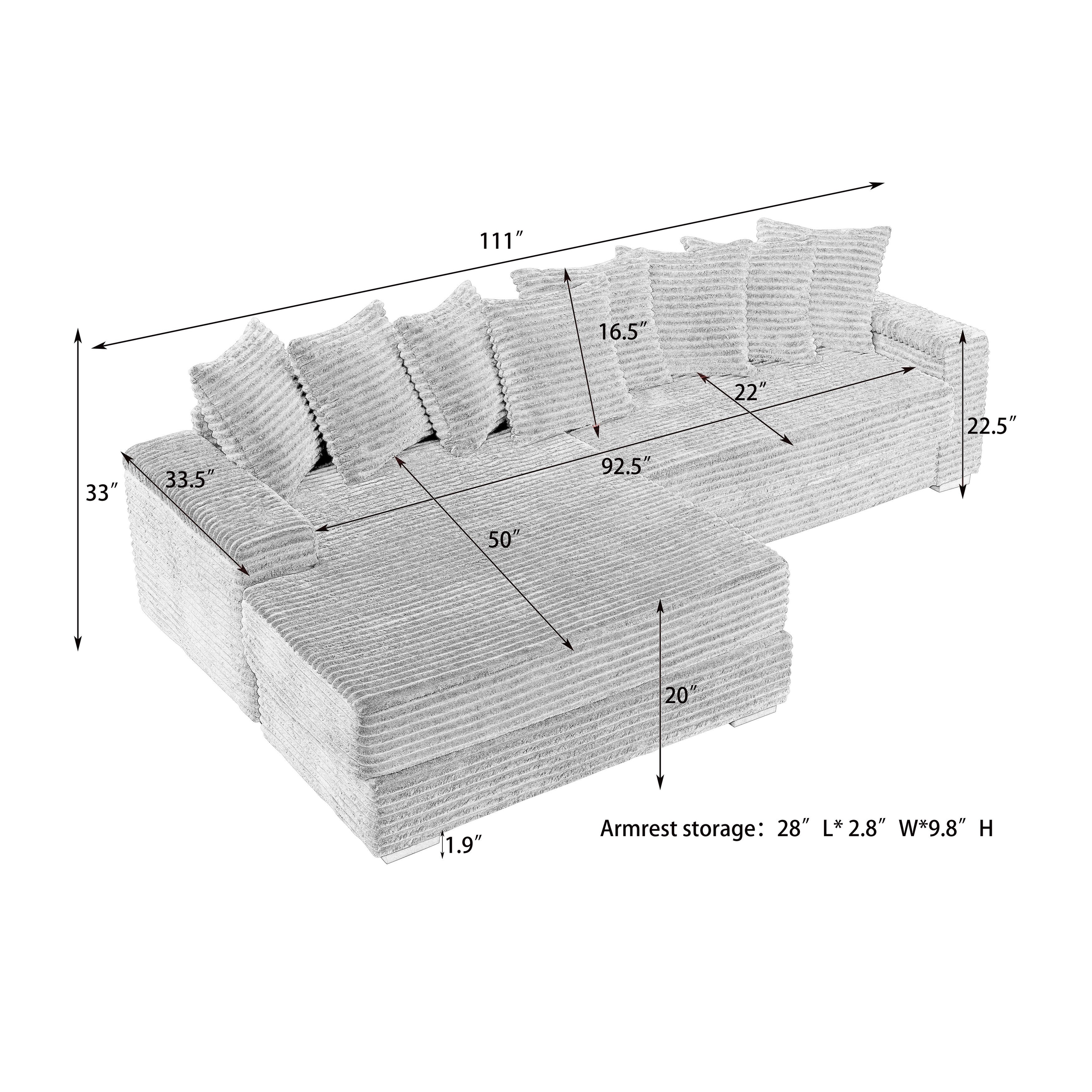 111.4  L-Shaped Corduroy Sofa with 8 Throw Pillows and Footstool