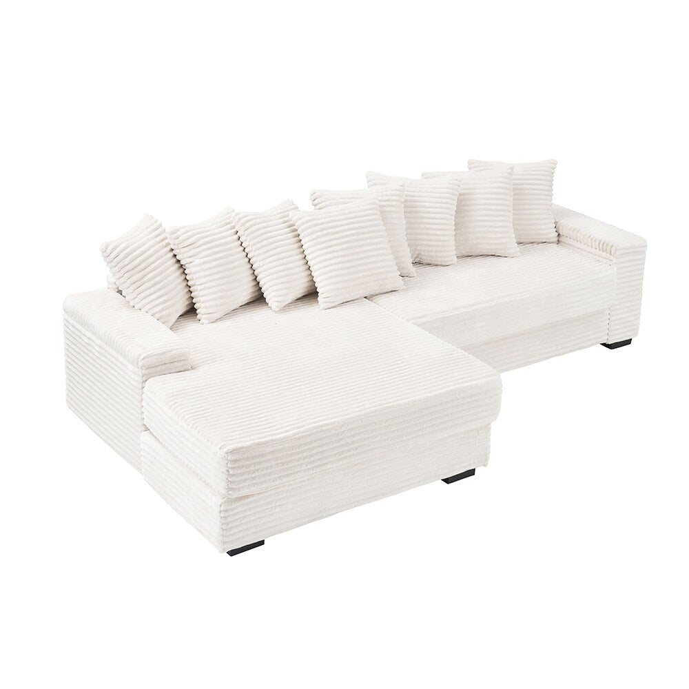 111.4  L-Shaped Corduroy Sofa with 8 Throw Pillows and Footstool