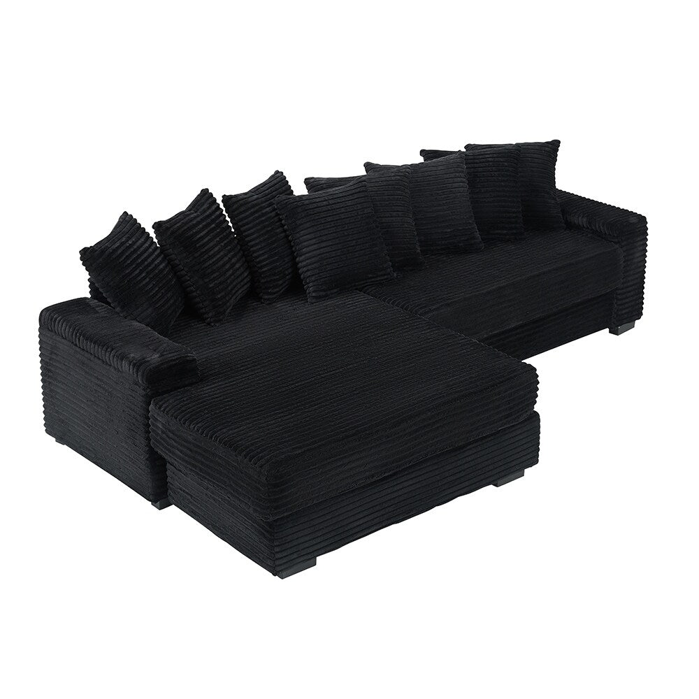 111.4  L-Shaped Corduroy Sofa with 8 Throw Pillows and Footstool