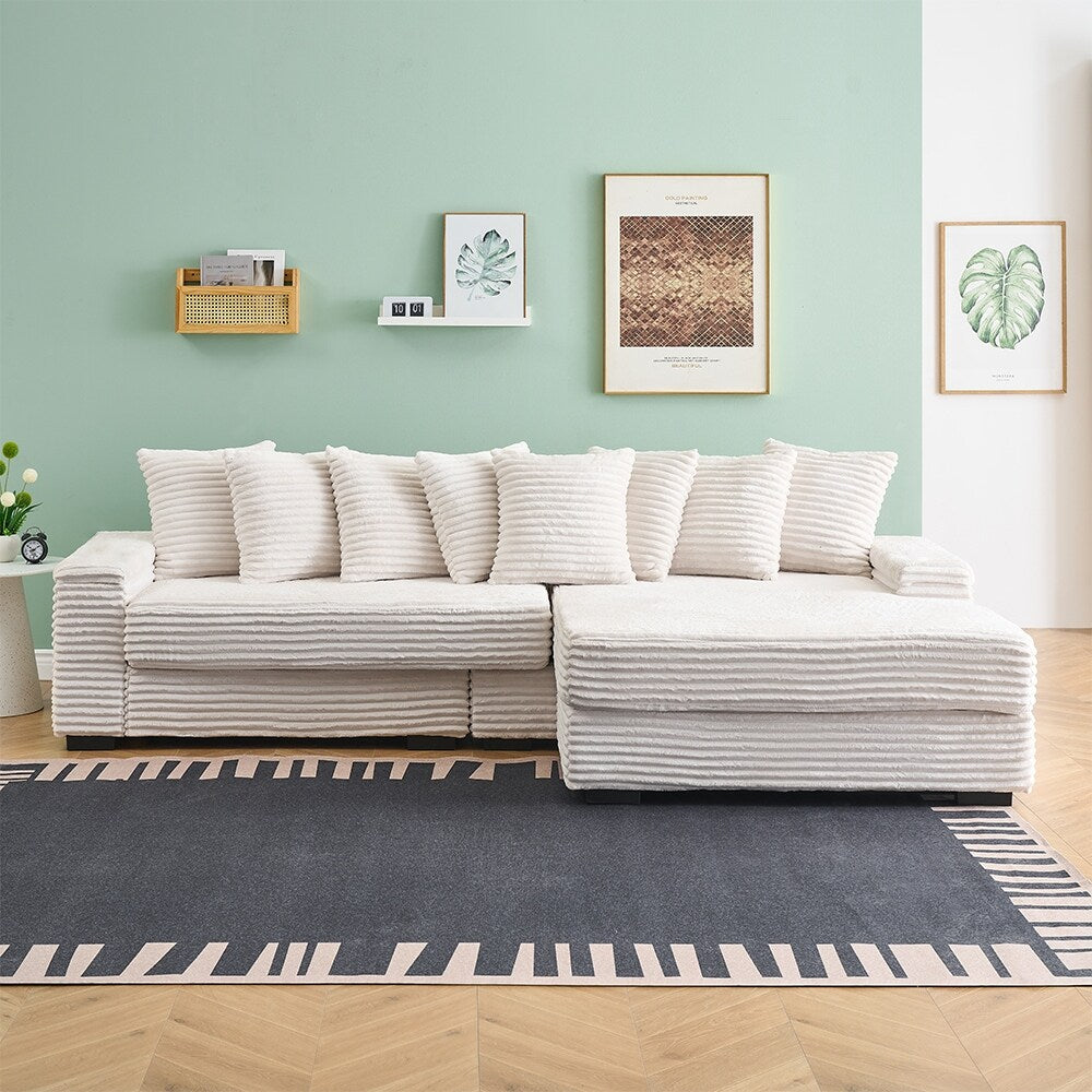111.4  L-Shaped Corduroy Sofa with 8 Throw Pillows and Footstool