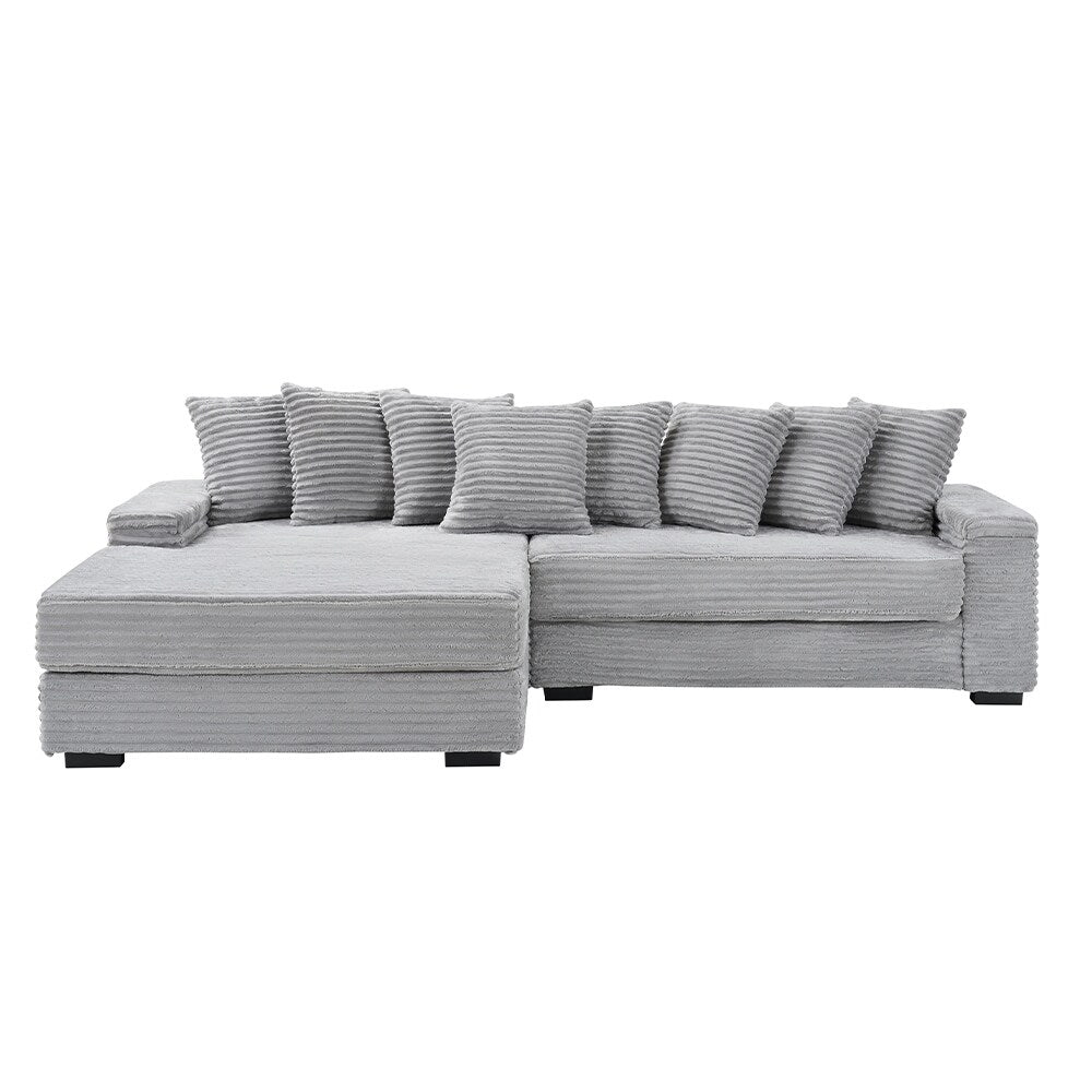 111.4  L-Shaped Corduroy Sofa with 8 Throw Pillows and Footstool
