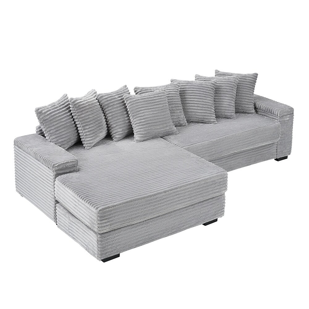 111.4  L-Shaped Corduroy Sofa with 8 Throw Pillows and Footstool