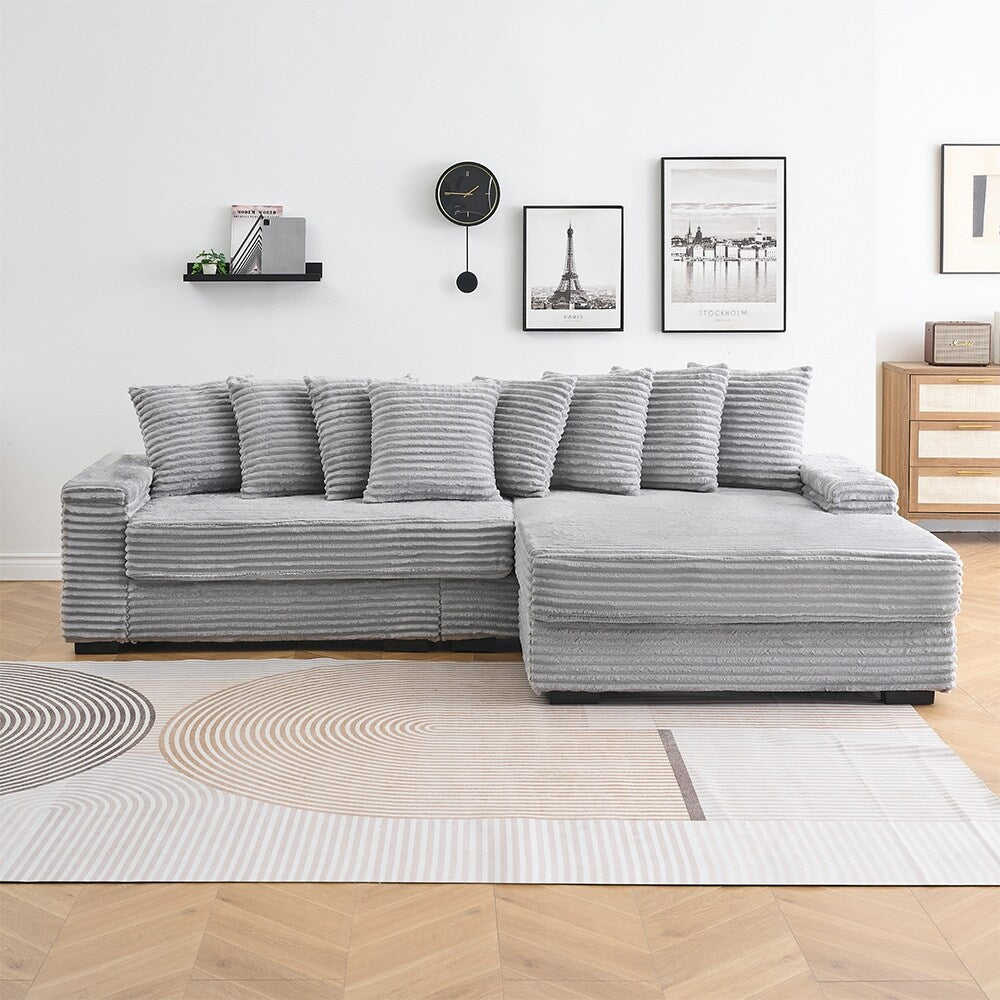 111.4  L-Shaped Corduroy Sofa with 8 Throw Pillows and Footstool