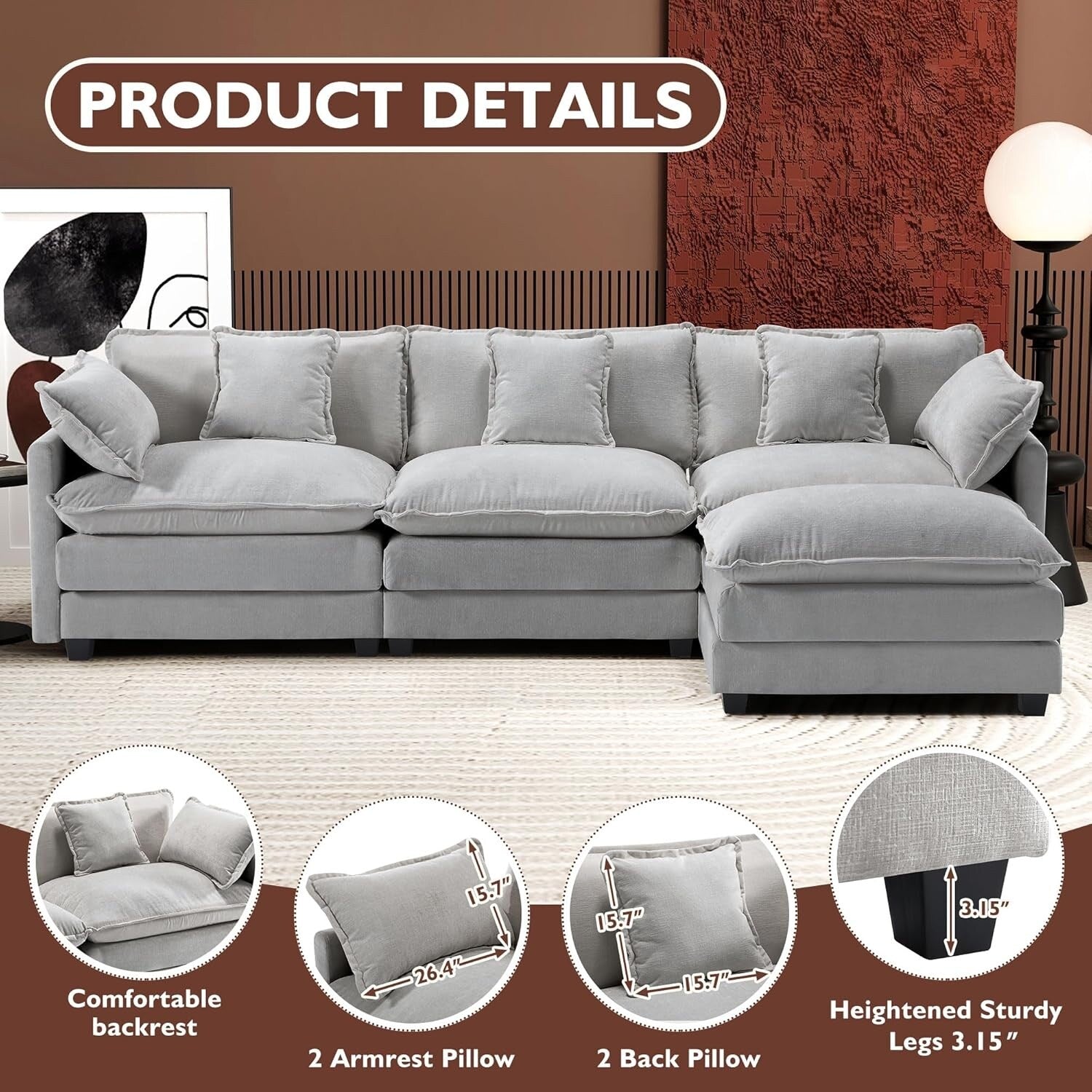 111.4 L-Shaped Cloud Sectional Sofa with Ottoman - 4-Seat Chenille Couch for Living Room