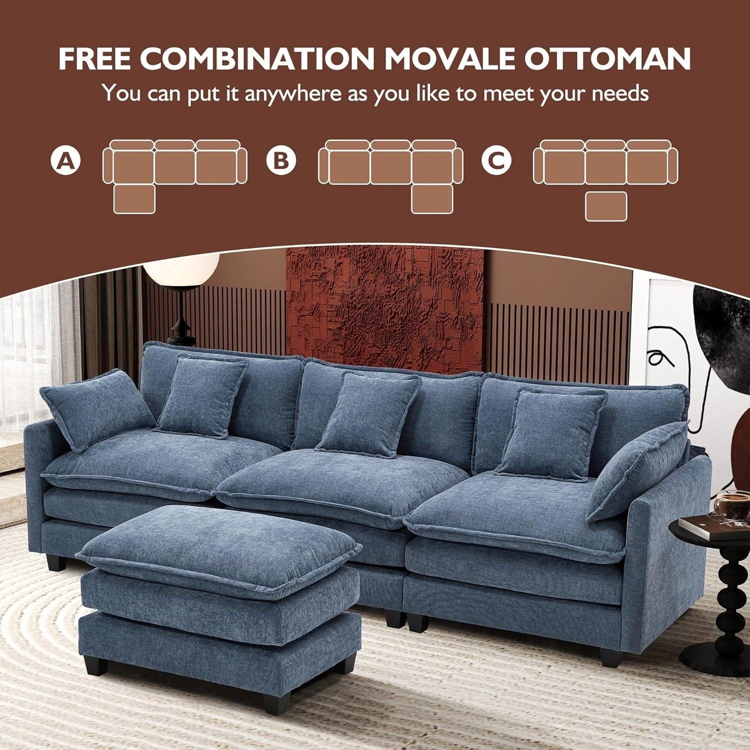 111.4 L-Shaped Cloud Sectional Sofa with Ottoman - 4-Seat Chenille Couch for Living Room