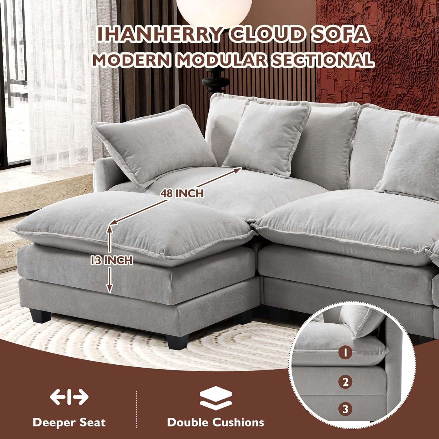 111.4 L-Shaped Cloud Sectional Sofa with Ottoman - 4-Seat Chenille Couch for Living Room