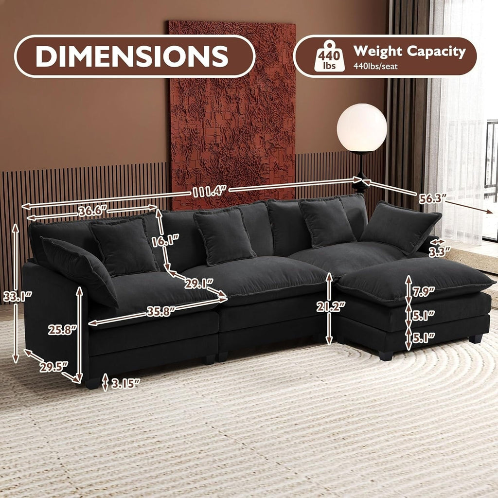 111.4 L-Shaped Cloud Sectional Sofa with Ottoman - 4-Seat Chenille Couch for Living Room