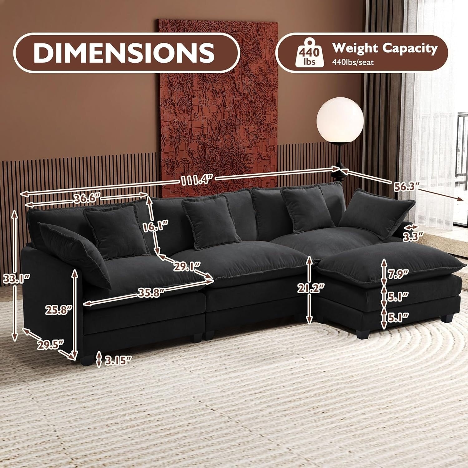 111.4 L-Shaped Cloud Sectional Sofa with Ottoman - 4-Seat Chenille Couch for Living Room