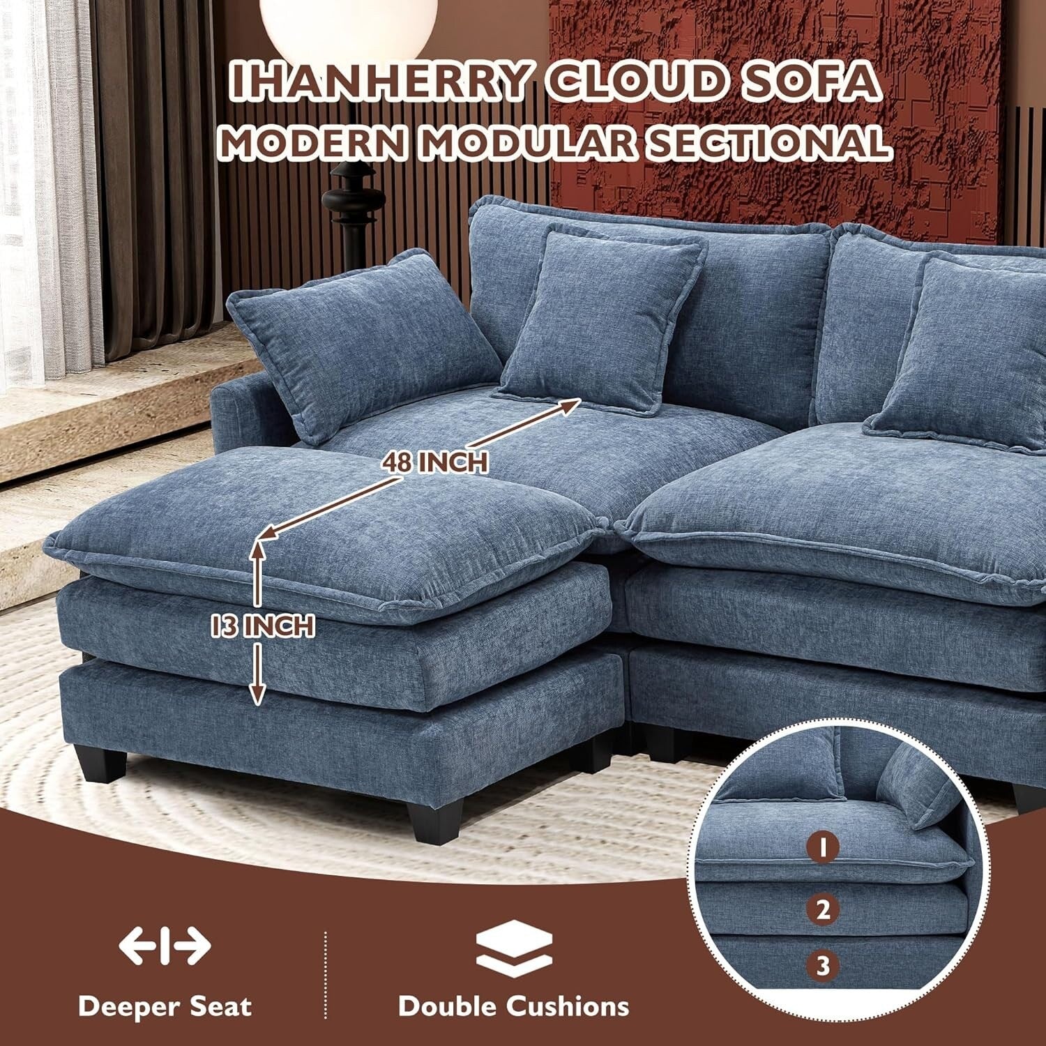 111.4 L-Shaped Cloud Sectional Sofa with Ottoman - 4-Seat Chenille Couch for Living Room