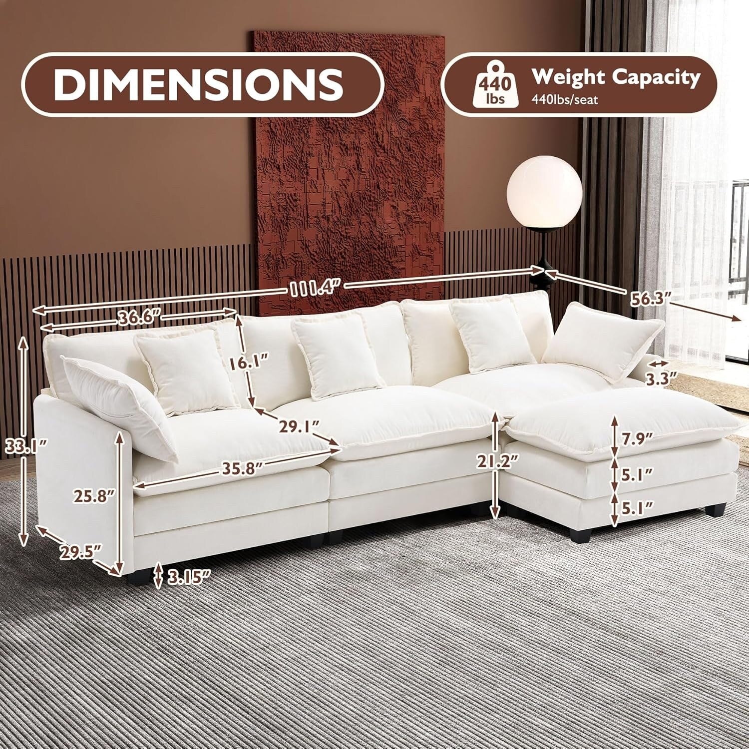 111.4 L-Shaped Cloud Sectional Sofa with Ottoman - 4-Seat Chenille Couch for Living Room