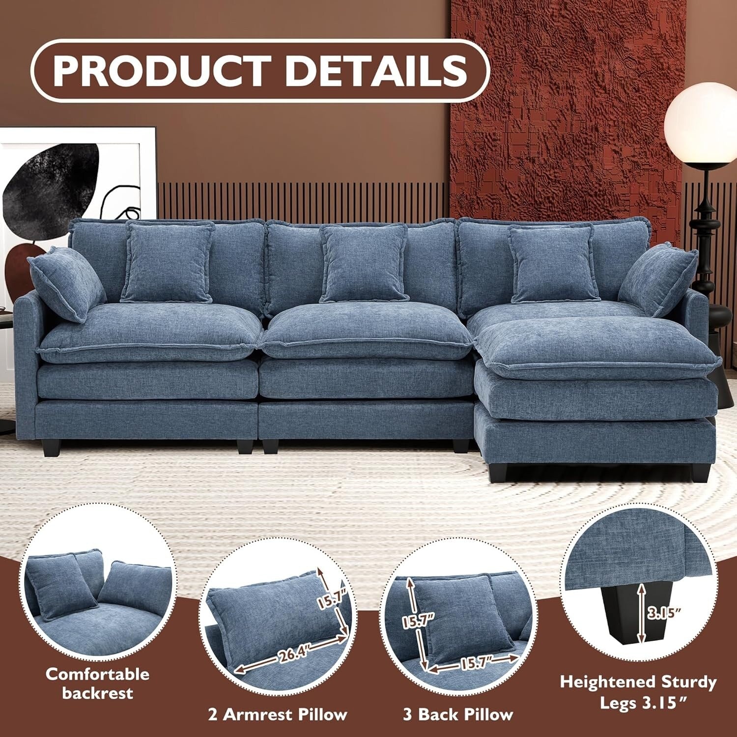 111.4 L-Shaped Cloud Sectional Sofa with Ottoman - 4-Seat Chenille Couch for Living Room