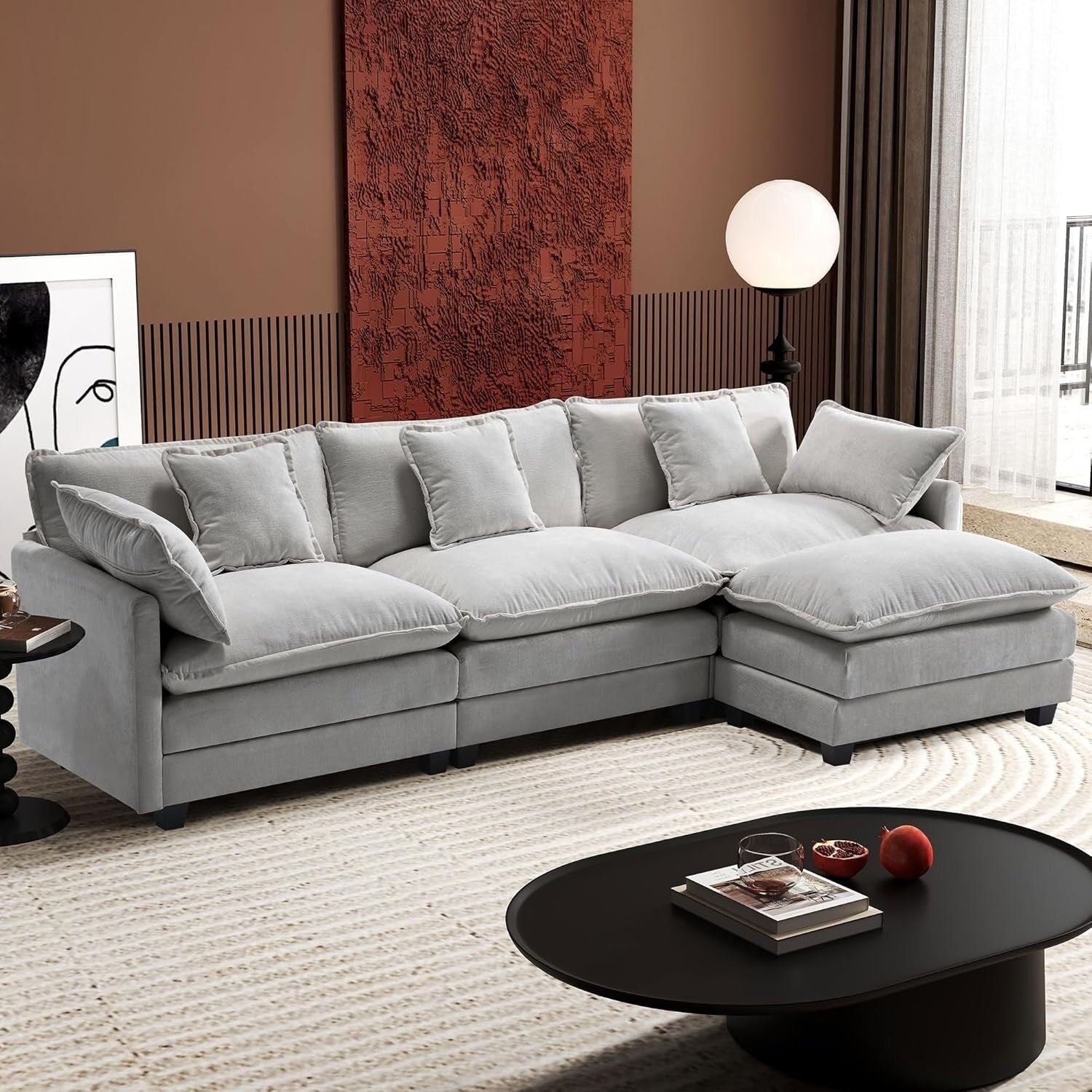 111.4 L-Shaped Cloud Sectional Sofa with Ottoman - 4-Seat Chenille Couch for Living Room