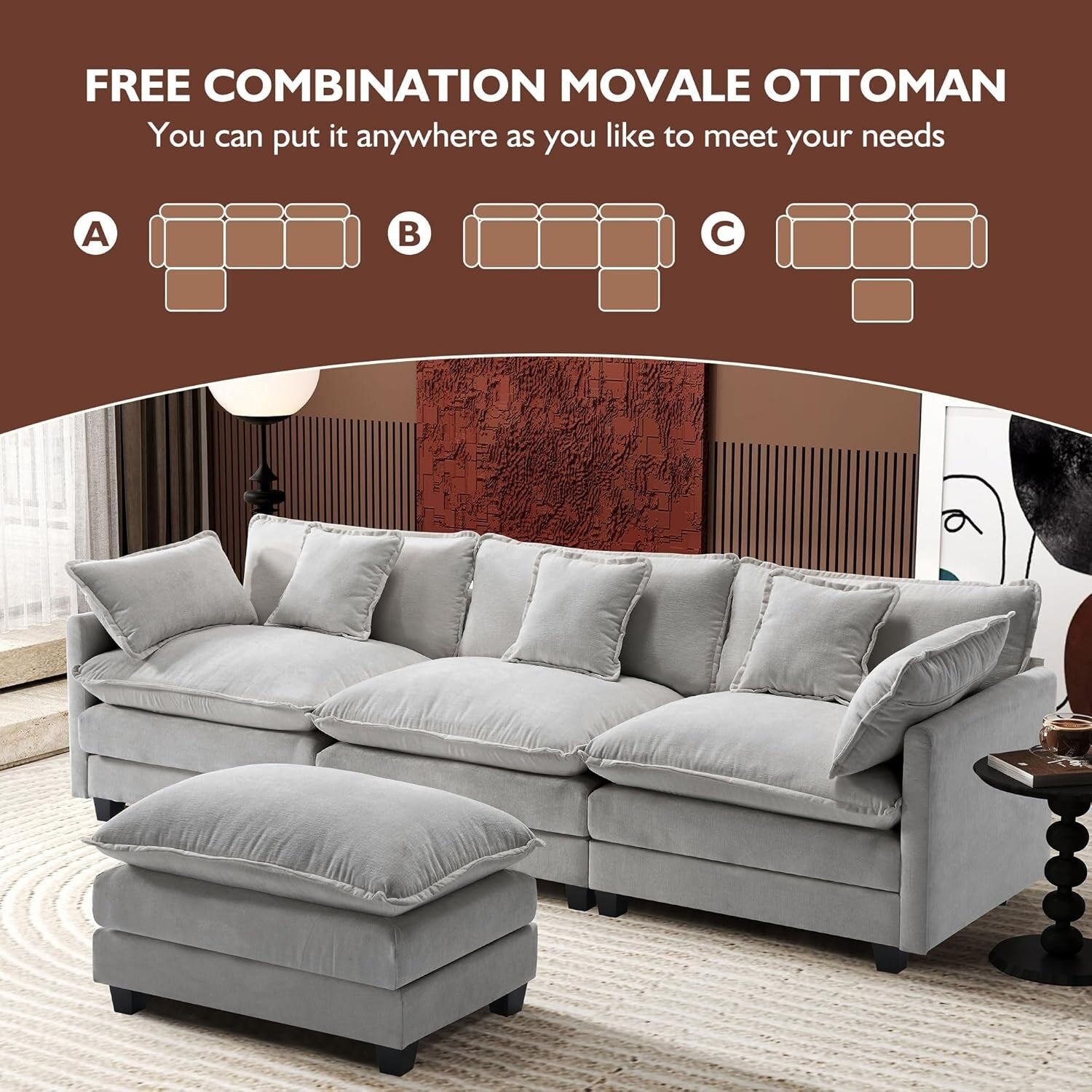 111.4 L-Shaped Cloud Sectional Sofa with Ottoman - 4-Seat Chenille Couch for Living Room