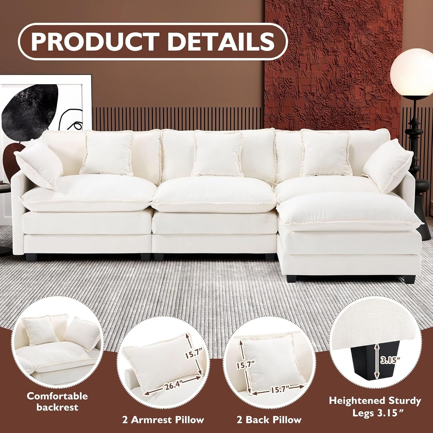 111.4 L-Shaped Cloud Sectional Sofa with Ottoman - 4-Seat Chenille Couch for Living Room