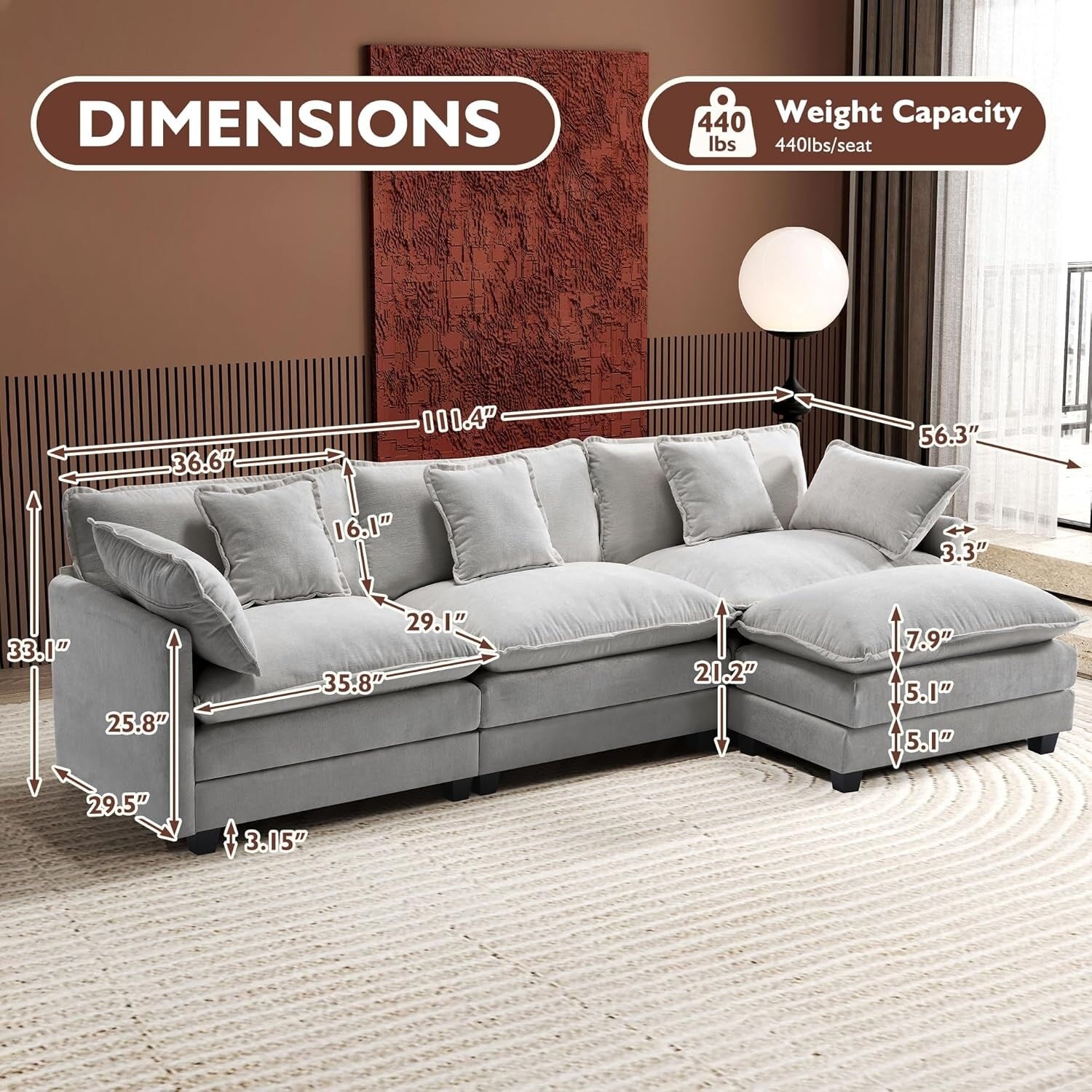 111.4 L-Shaped Cloud Sectional Sofa with Ottoman - 4-Seat Chenille Couch for Living Room