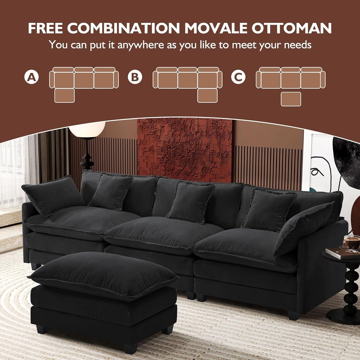 111.4 L-Shaped Cloud Sectional Sofa with Ottoman - 4-Seat Chenille Couch for Living Room