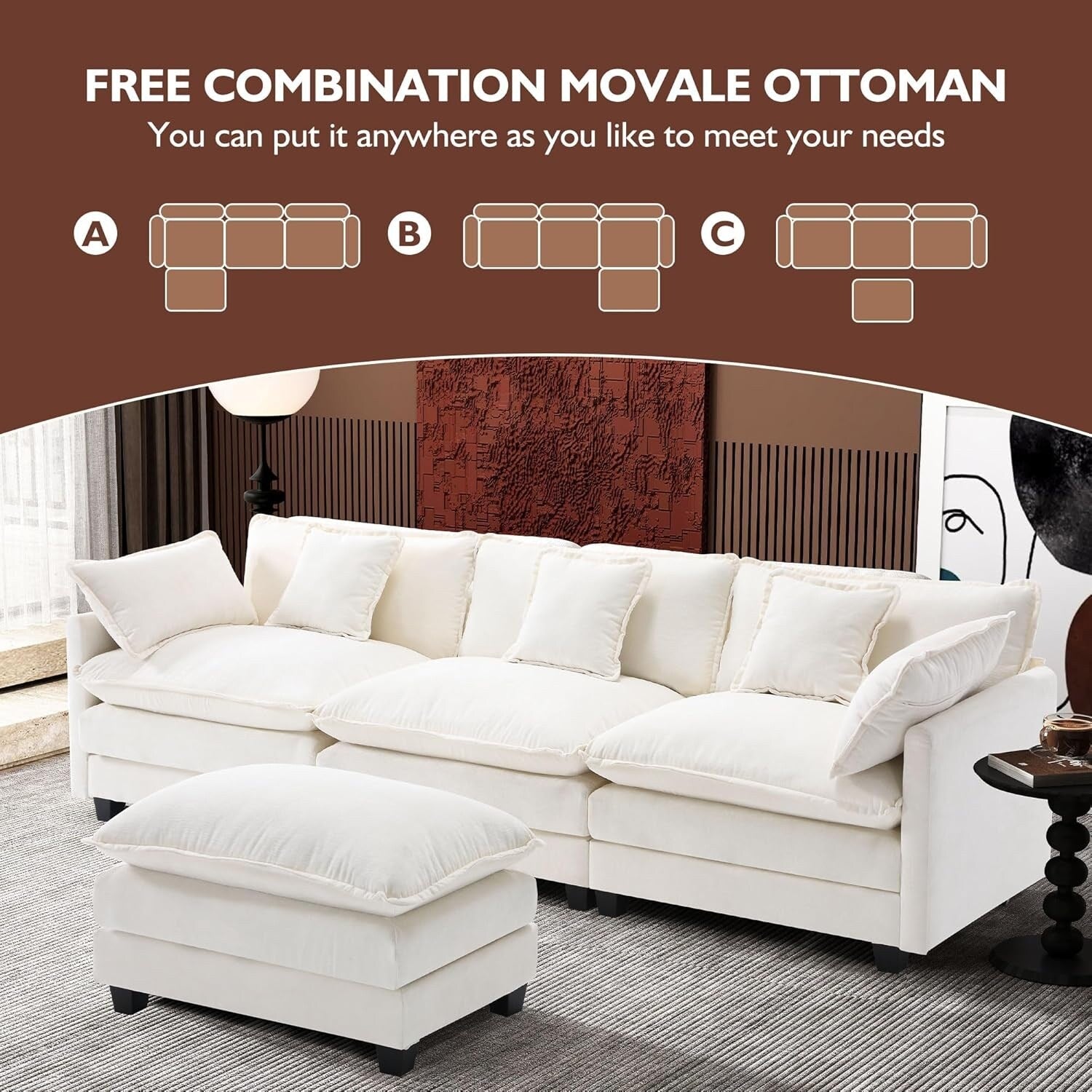 111.4 L-Shaped Cloud Sectional Sofa with Ottoman - 4-Seat Chenille Couch for Living Room