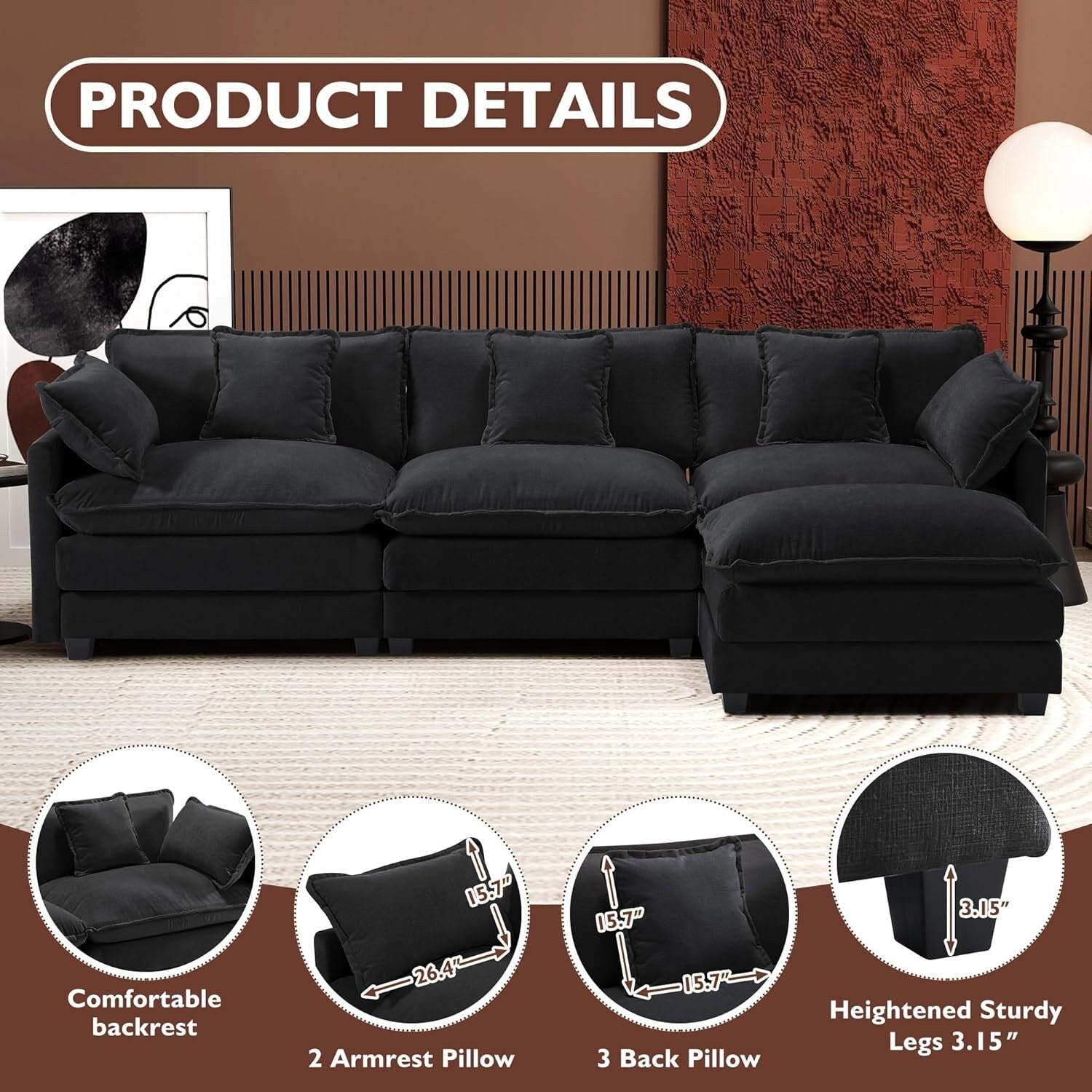 111.4 L-Shaped Cloud Sectional Sofa with Ottoman - 4-Seat Chenille Couch for Living Room