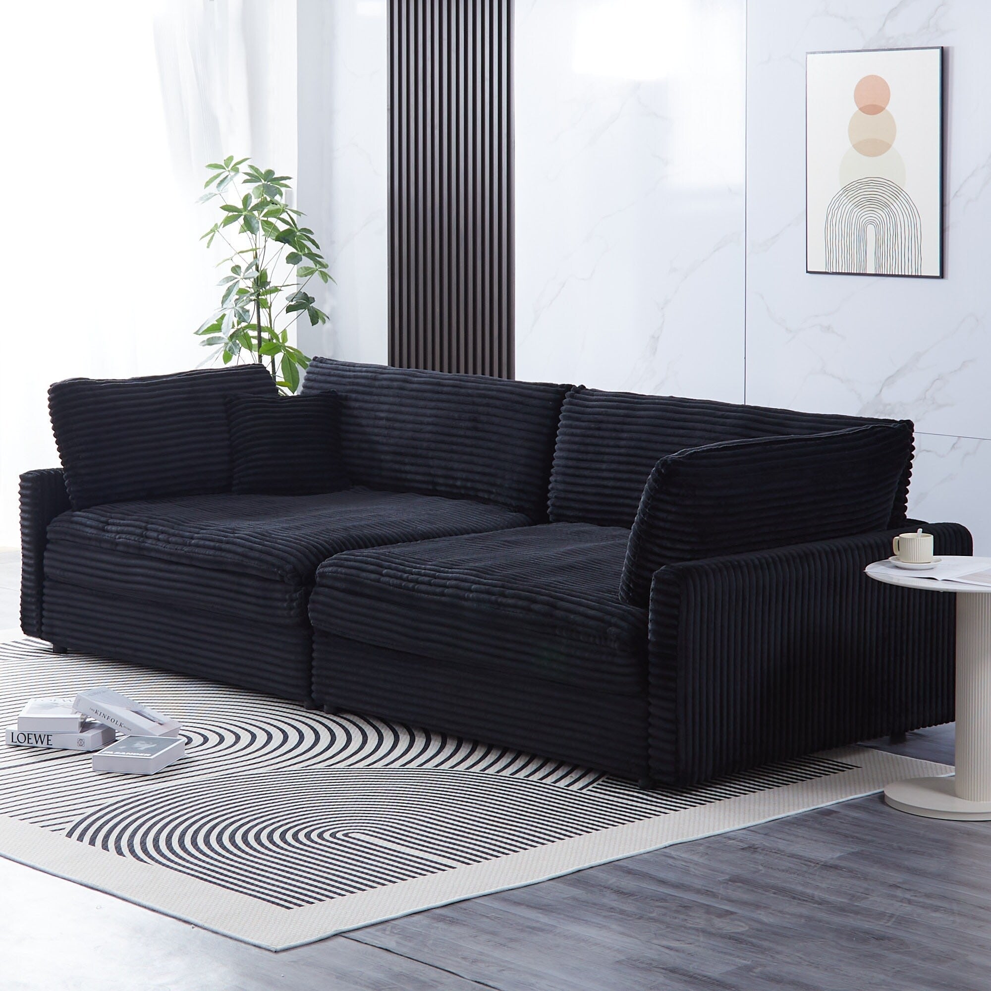 112-inch black corduroy sofa: two throw pillows, four backrests, opening up a new style for the living room's casual area