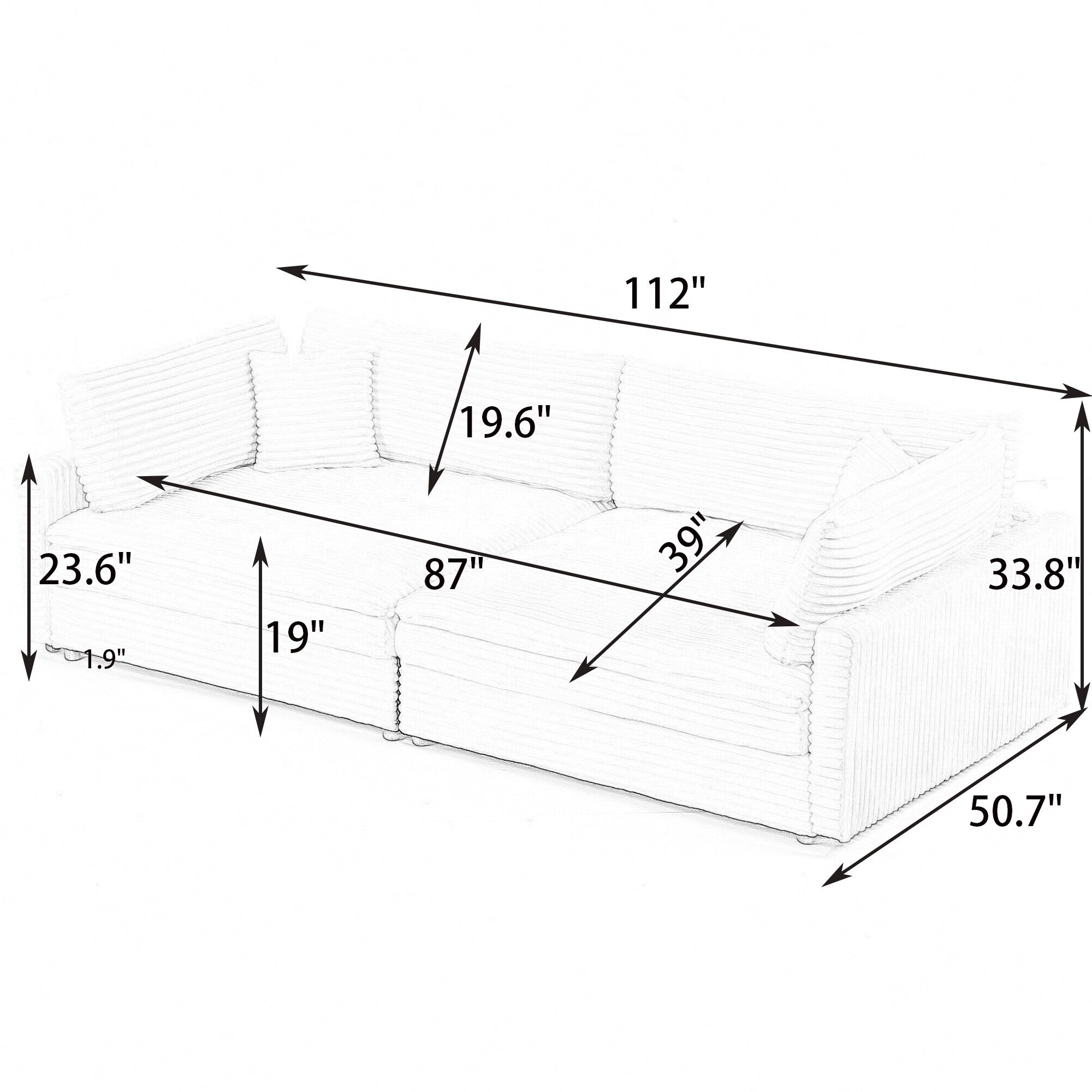 112-inch black corduroy sofa: two throw pillows, four backrests, opening up a new style for the living room's casual area