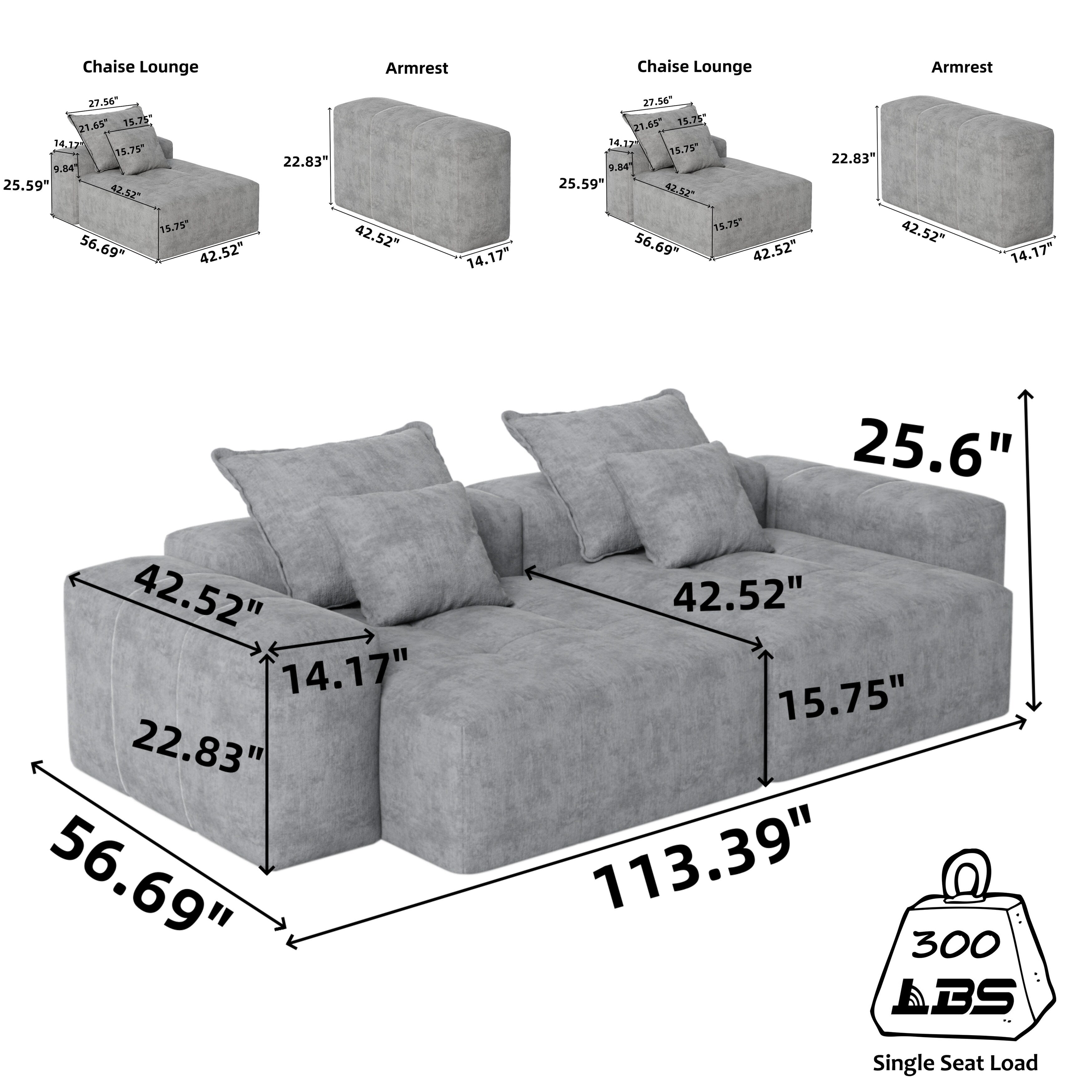 113.39 Chenille Modular 4-Seater Sofa, Sparkling Tufted Design, Non-Slip Base