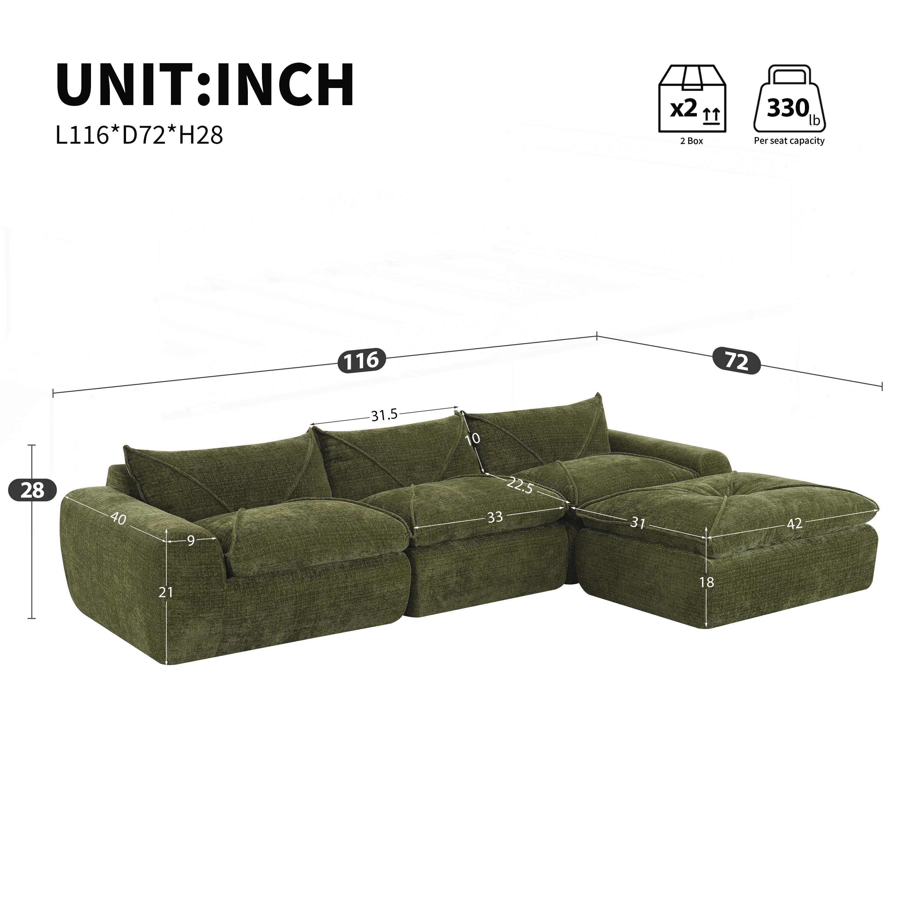 116 Inch Fully Compressed Sofa with High Density Foam