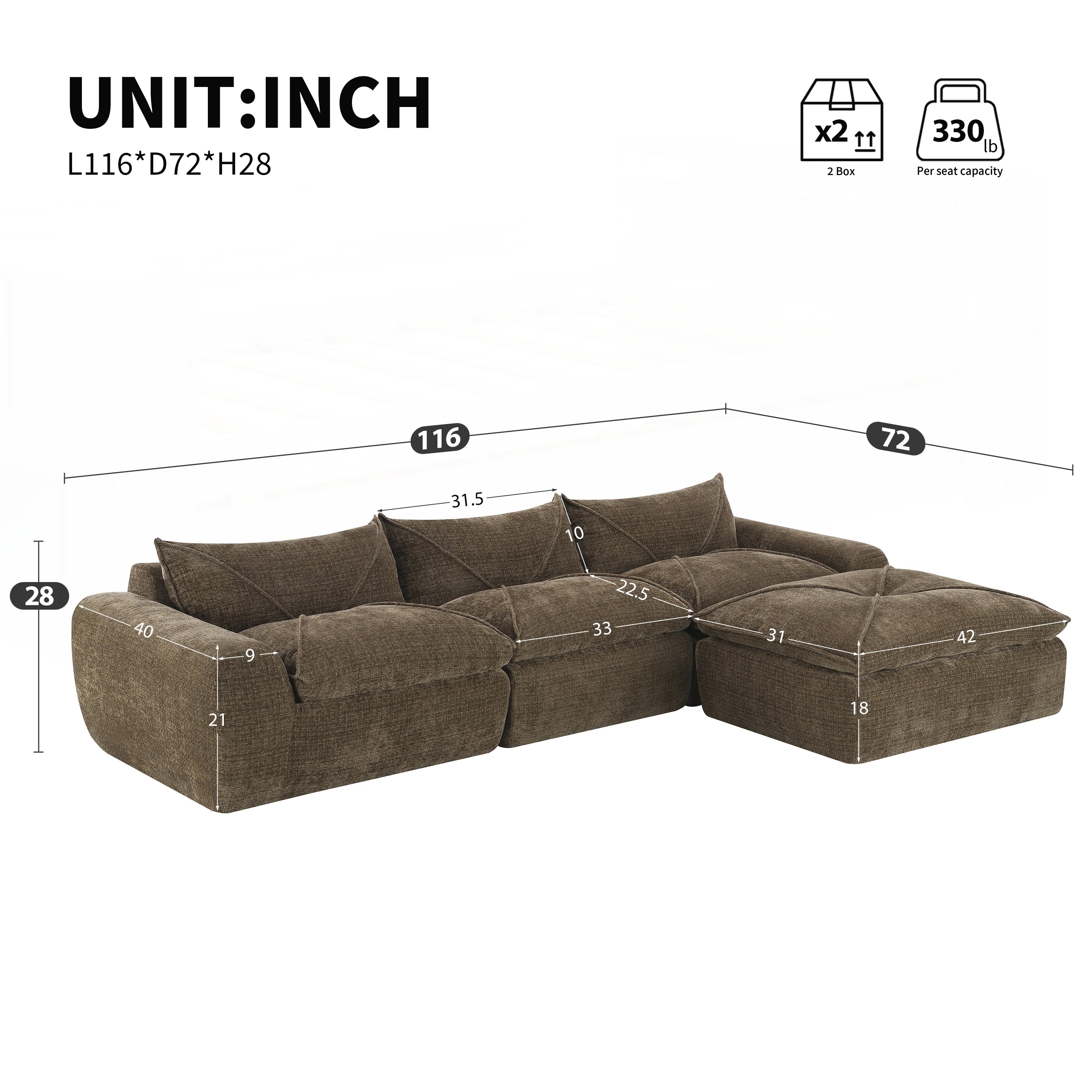 116 Inch Fully Compressed Sofa with High Density Foam