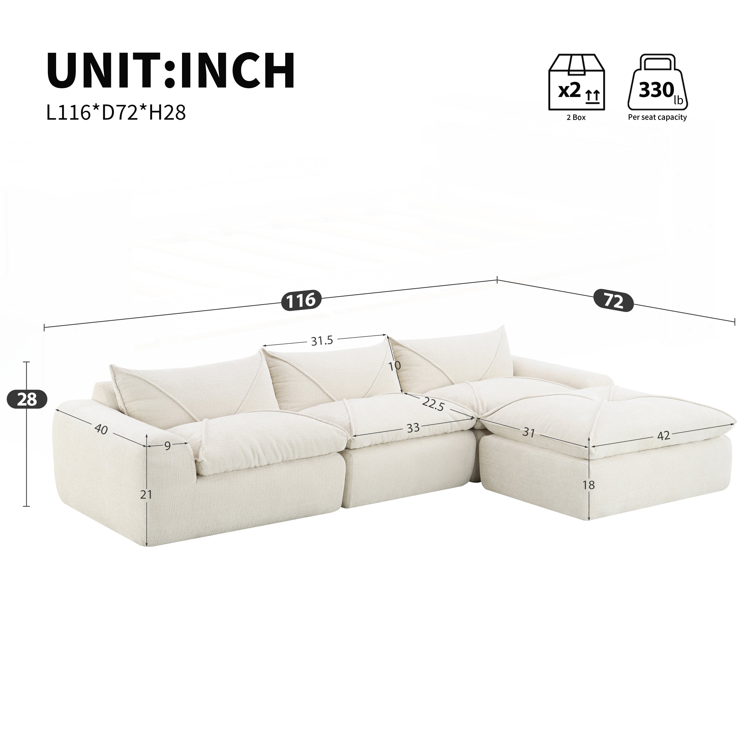 116 Inch Fully Compressed Sofa with High Density Foam