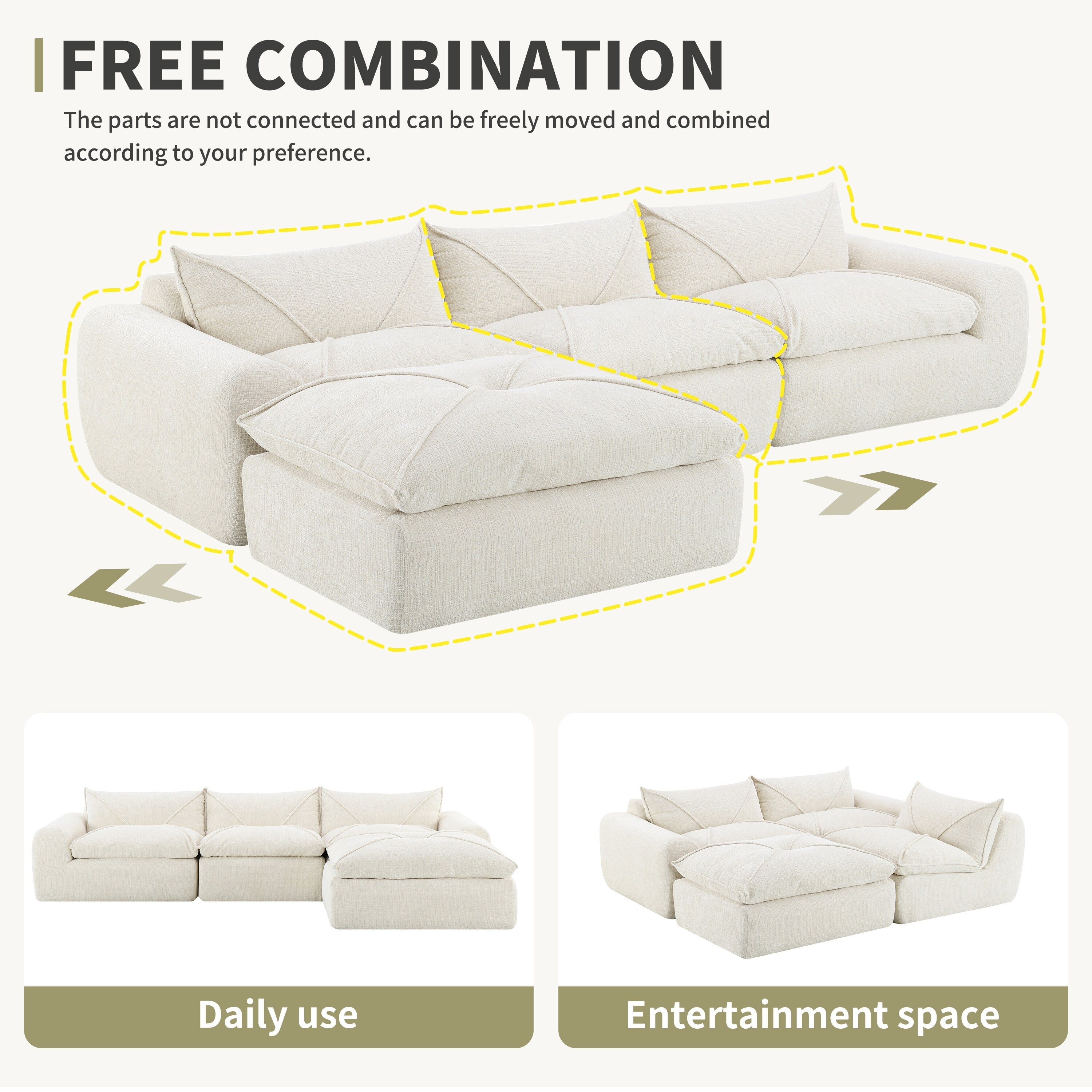 116'' Fully Compressed Sofa with High Density Foam, No Assembly Required, Legless Design without Frame