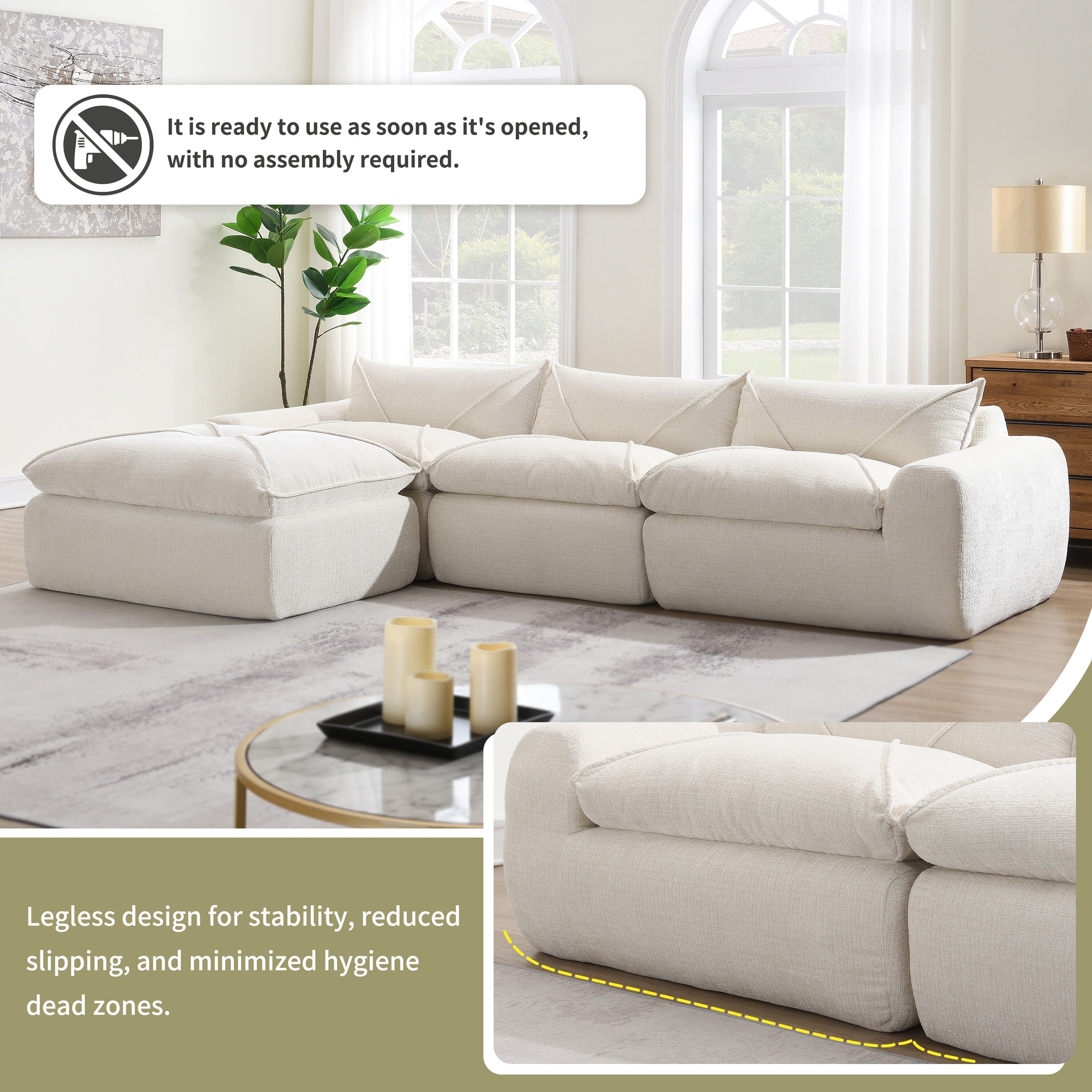 116'' Fully Compressed Sofa with High Density Foam, No Assembly Required, Legless Design without Frame