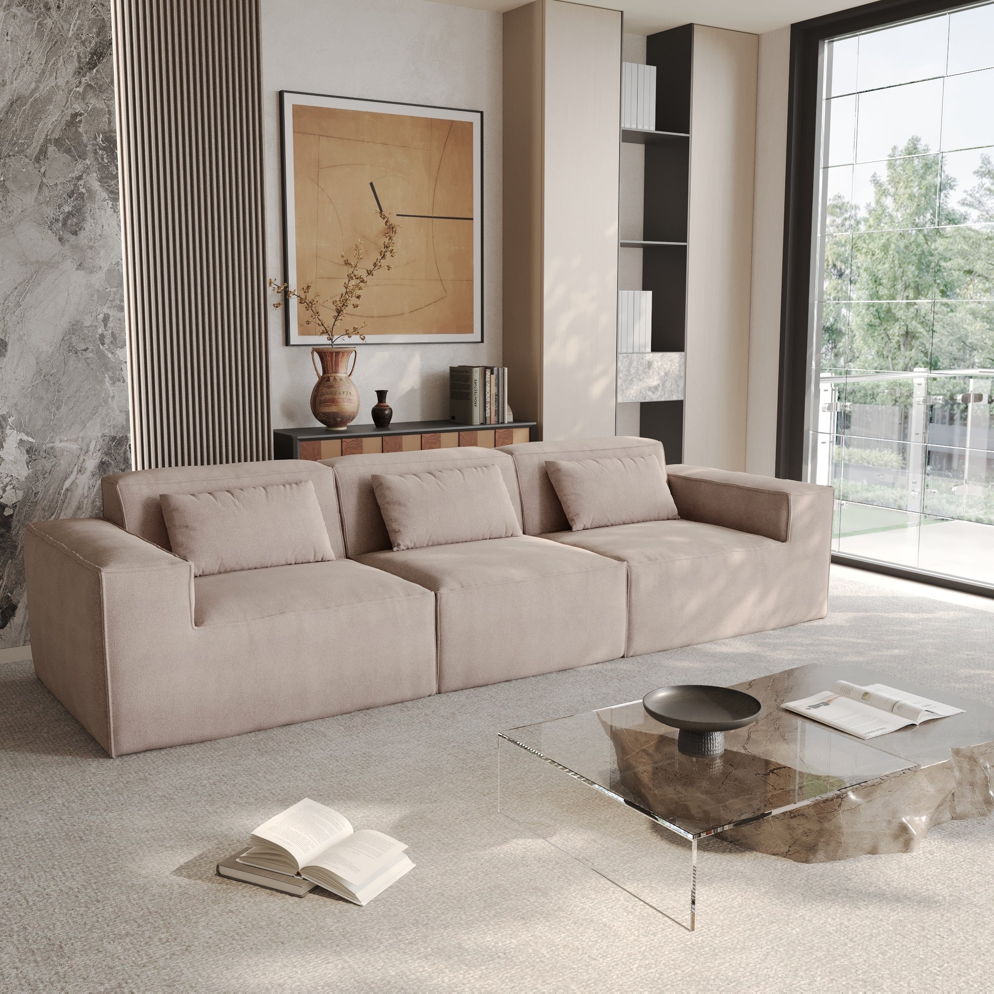 118 Modular Sofa Sectional Couch with Movable Fabric Cover & 3 Pillows, Comfy 3-Seater Corduroy Fabric Couch