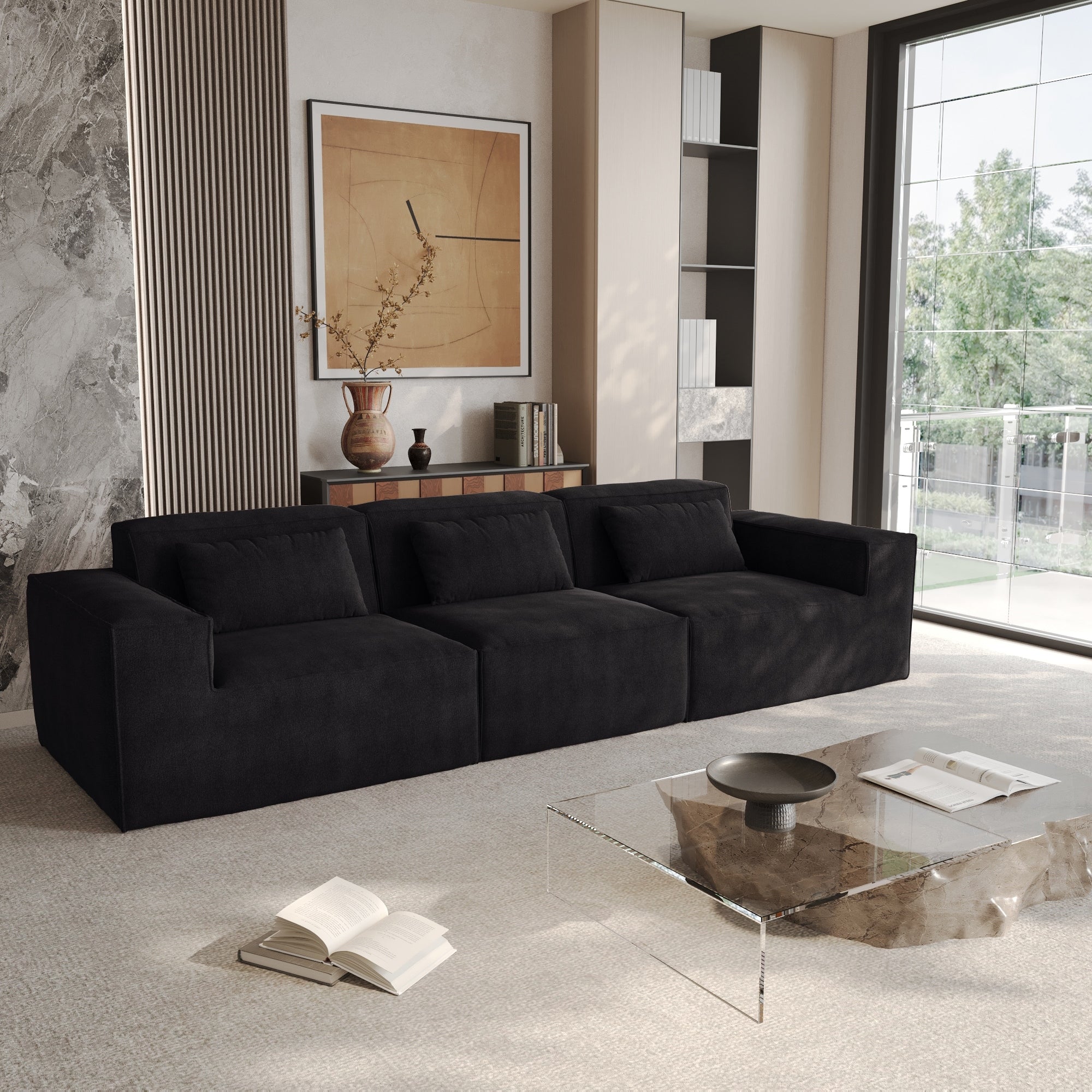 118 Modular Sofa Sectional Couch with Movable Fabric Cover & 3 Pillows, Comfy 3-Seater Corduroy Fabric Couch