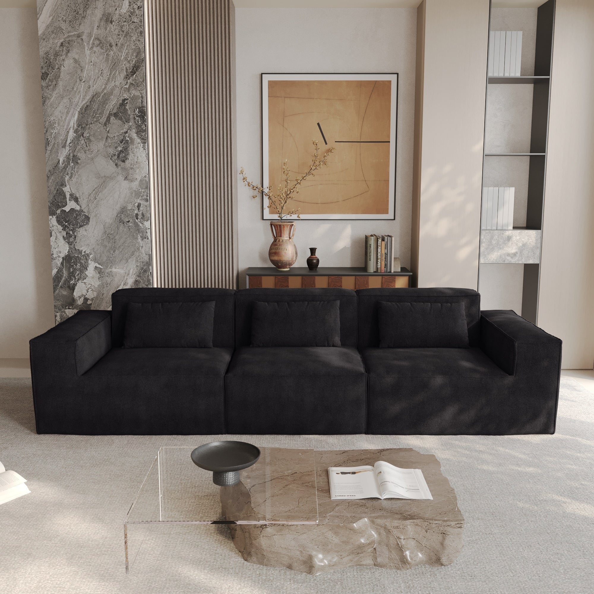 118 Modular Sofa Sectional Couch with Movable Fabric Cover & 3 Pillows, Comfy 3-Seater Corduroy Fabric Couch