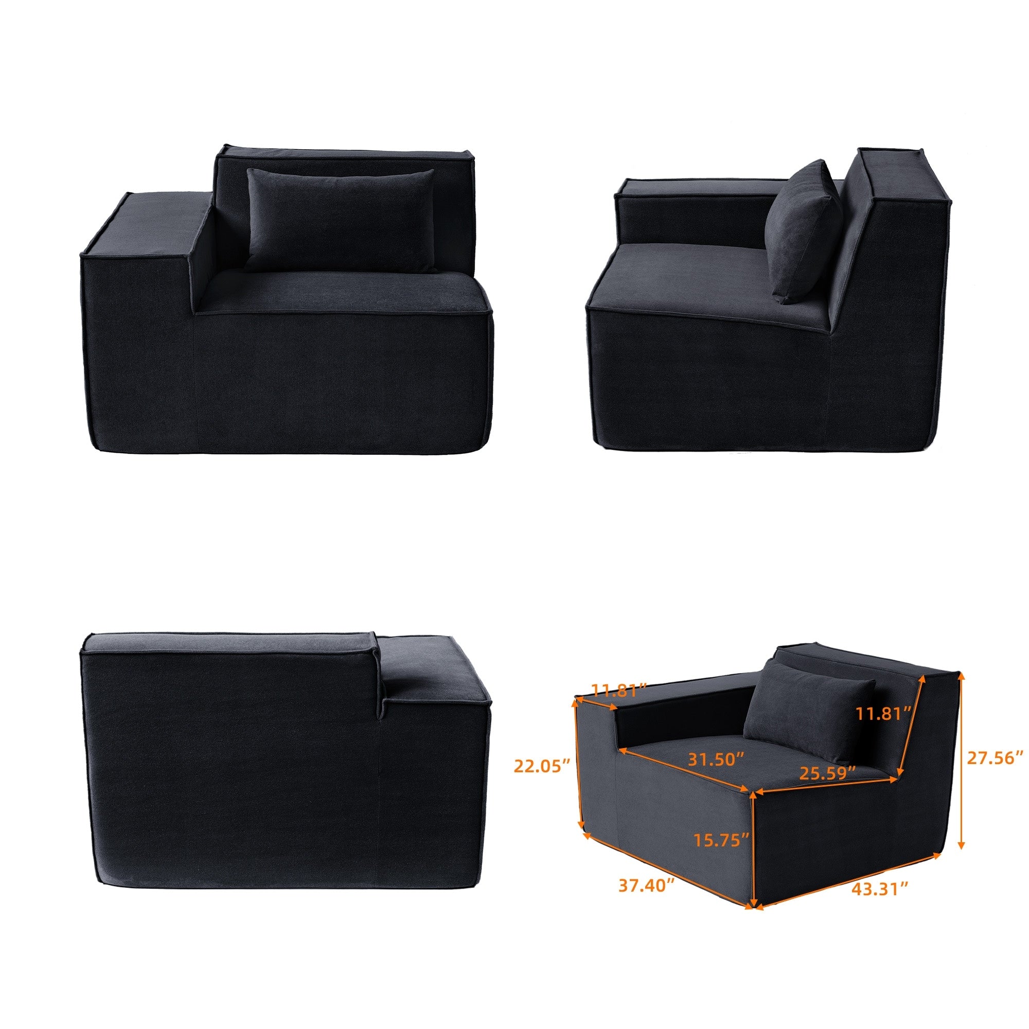 118 Modular Sofa Sectional Couch with Movable Fabric Cover & 3 Pillows, Comfy 3-Seater Corduroy Fabric Couch