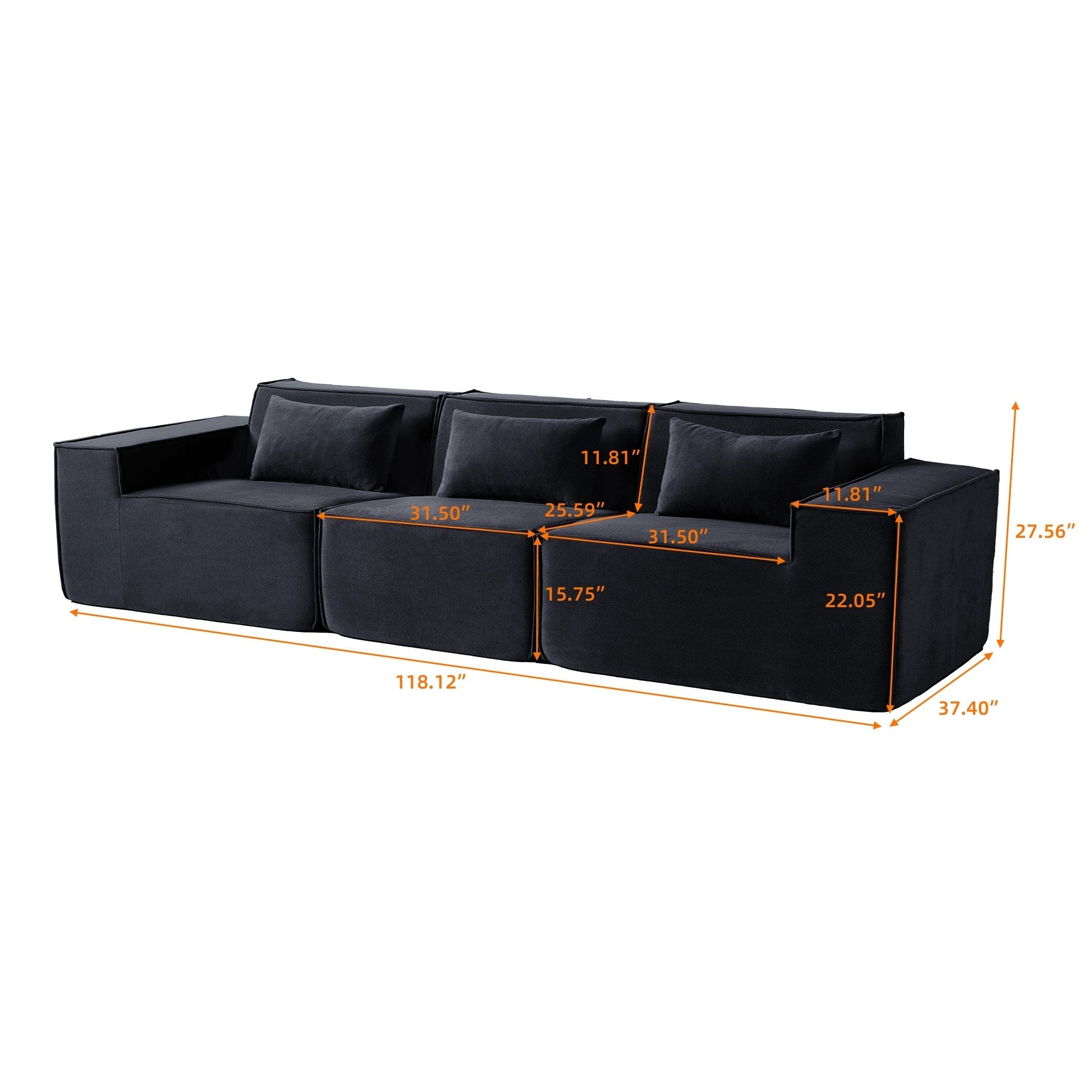 118 Modular Sofa Sectional Couch with Movable Fabric Cover & 3 Pillows, Comfy 3-Seater Corduroy Fabric Couch