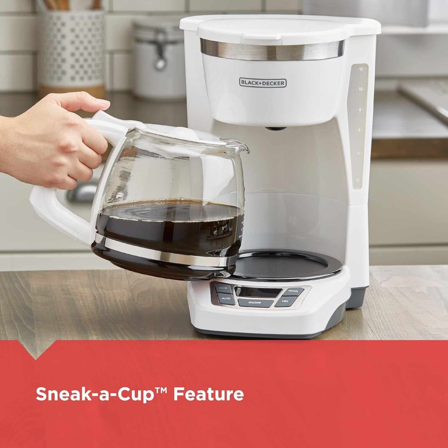 12-Cup Digital Coffee Maker, Programmable, Washable Filter, Sneak-A-Cup, Auto Brew, Keep Hot Plate, White