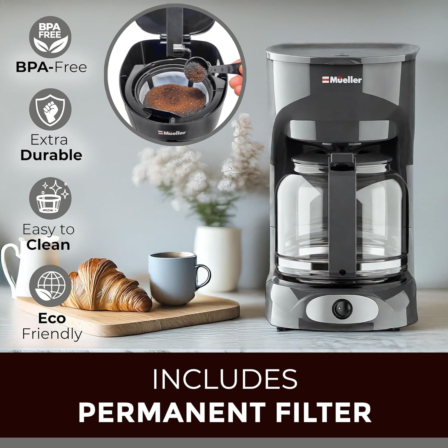 12-Cup Gray Drip Coffee Maker, Borosilicate Carafe, Auto-Off, Reusable Filter, Keep-Warm Function